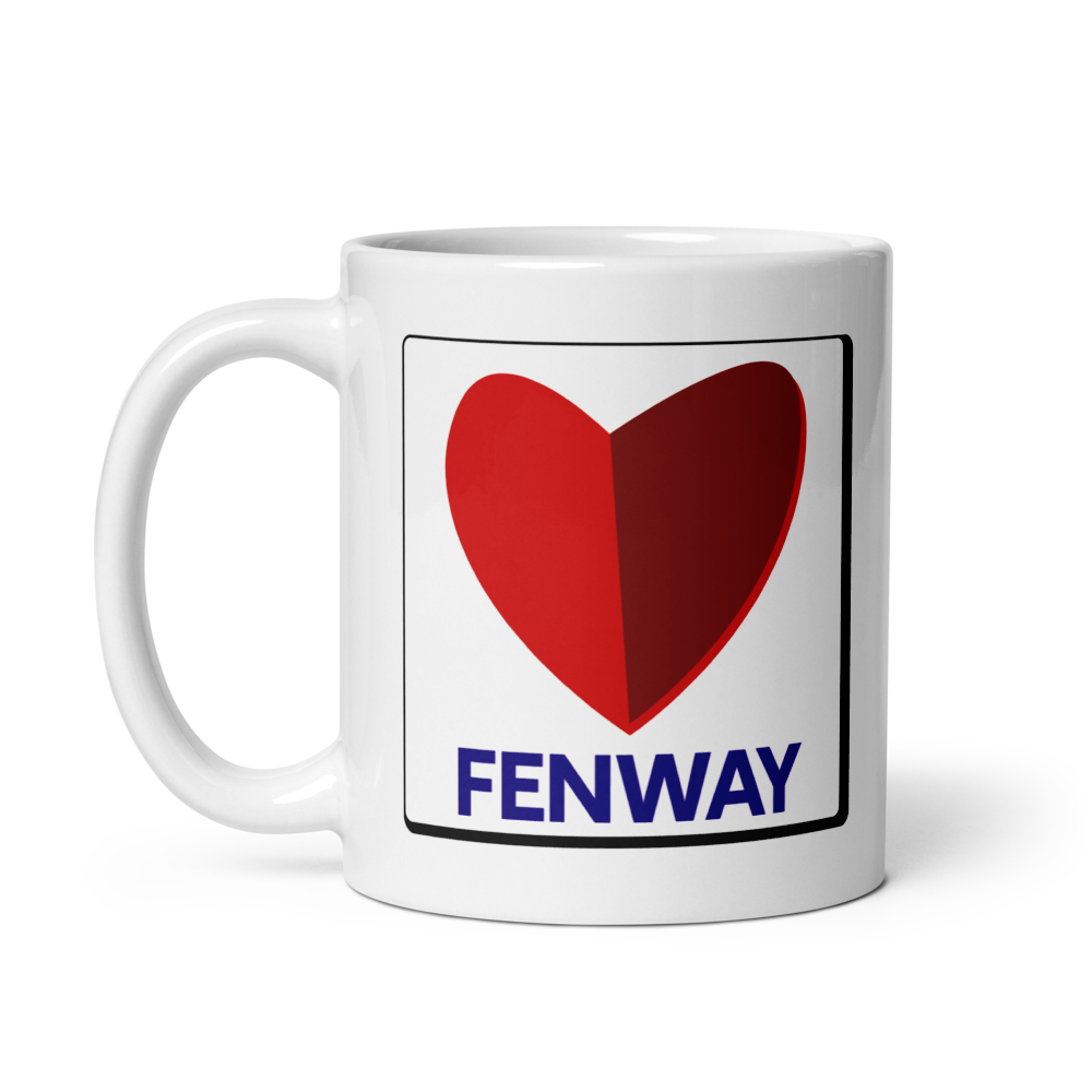 white ceramic mug with the word fenway and the citgo sign as a heart
