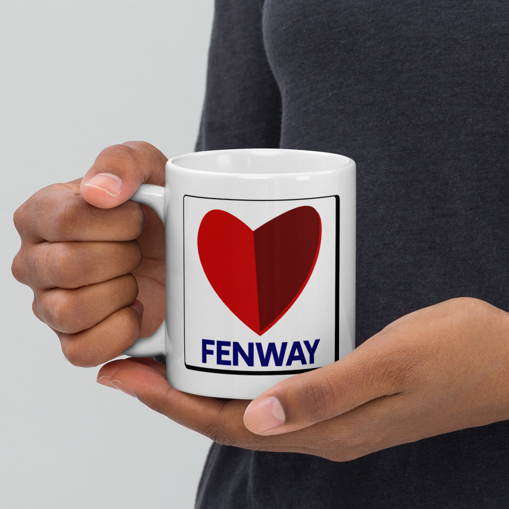 photo of person holding white ceramic mug with the word fenway and the citgo sign as a heart