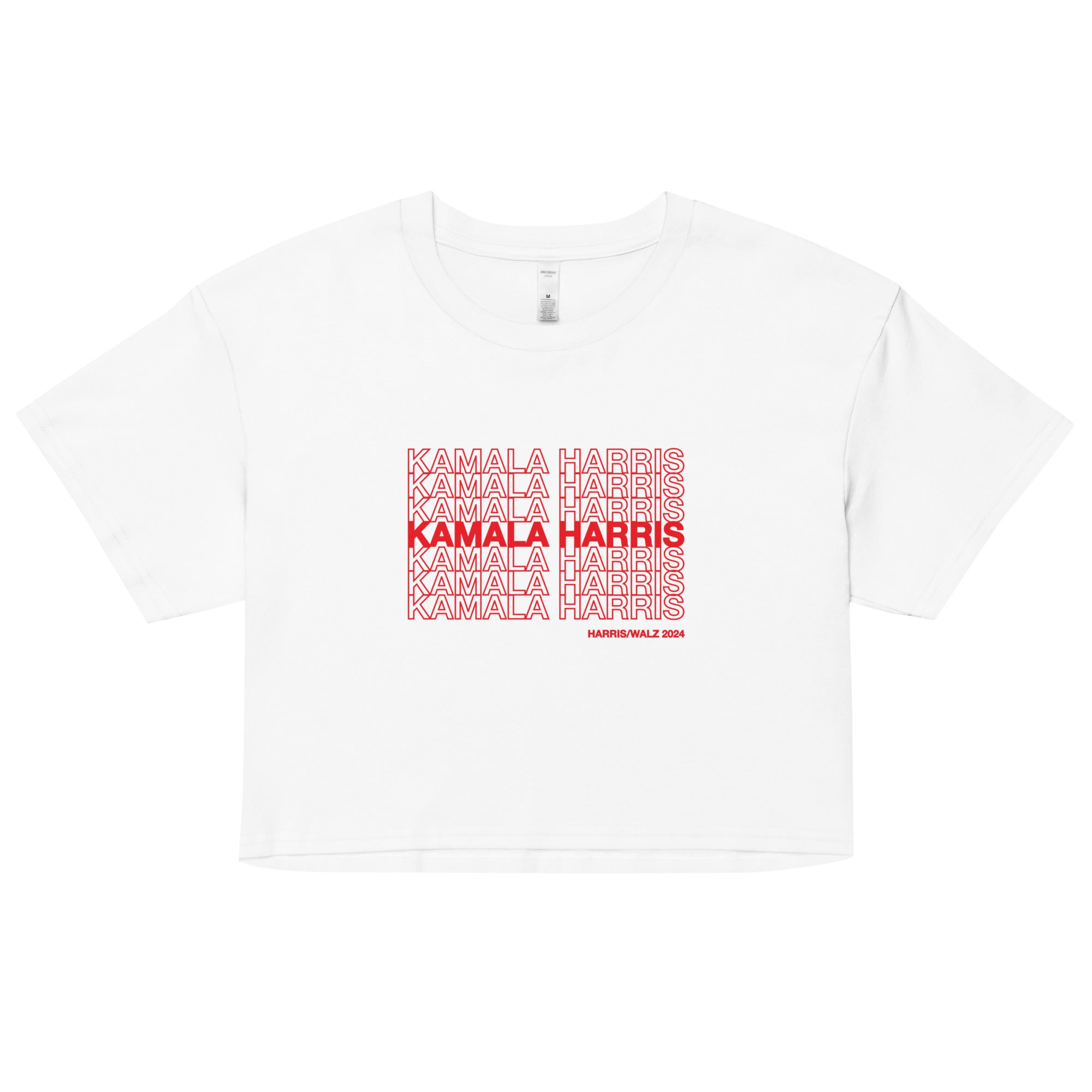 White women's crop top t-shirt with red text saying "kamala Harris" in the classic plastic shopping bag design