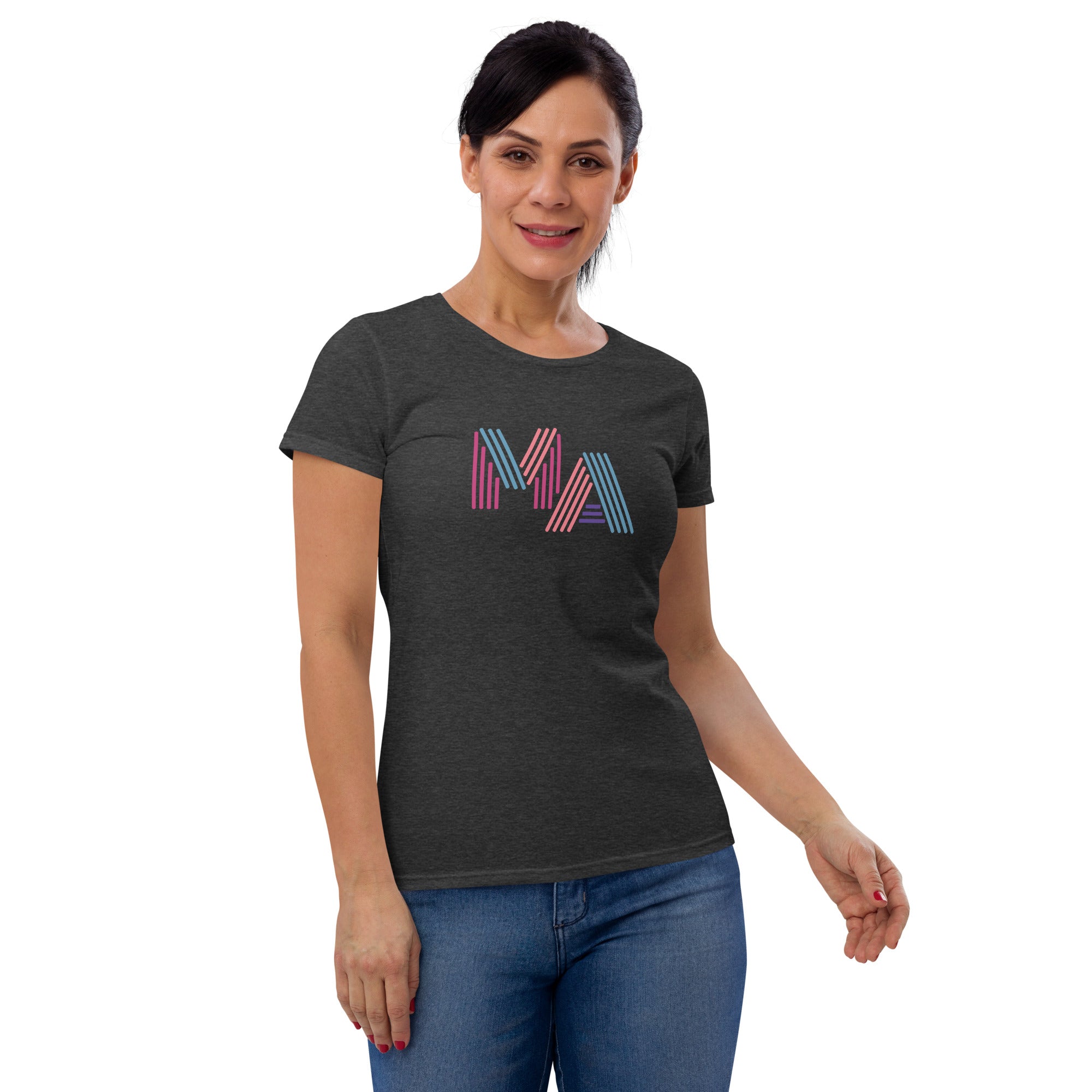 photo of woman wearing dark grey t-shirt with the letters MA in pink, orange, turquoise and purple neon light style lettering