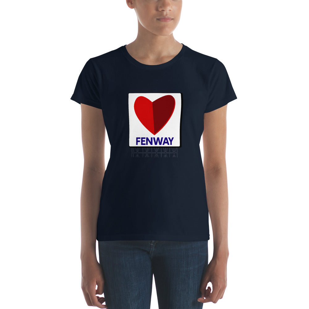 photo of woman wearing women's navy blue t-shirt of the citgo sign boston fenway as a heart