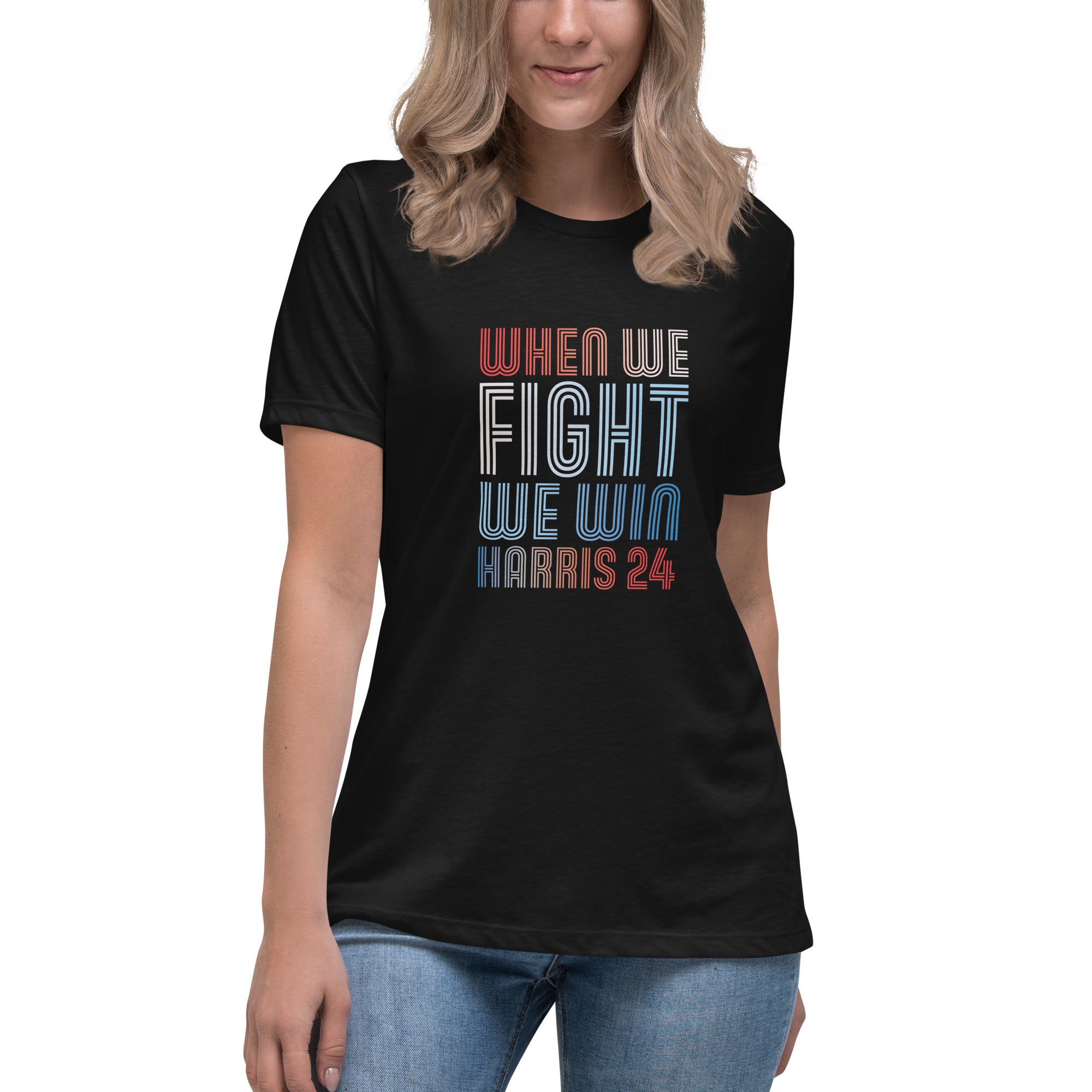 woman wearing black women's shirt with when we fight we win harris 24 in red white and blue blended text