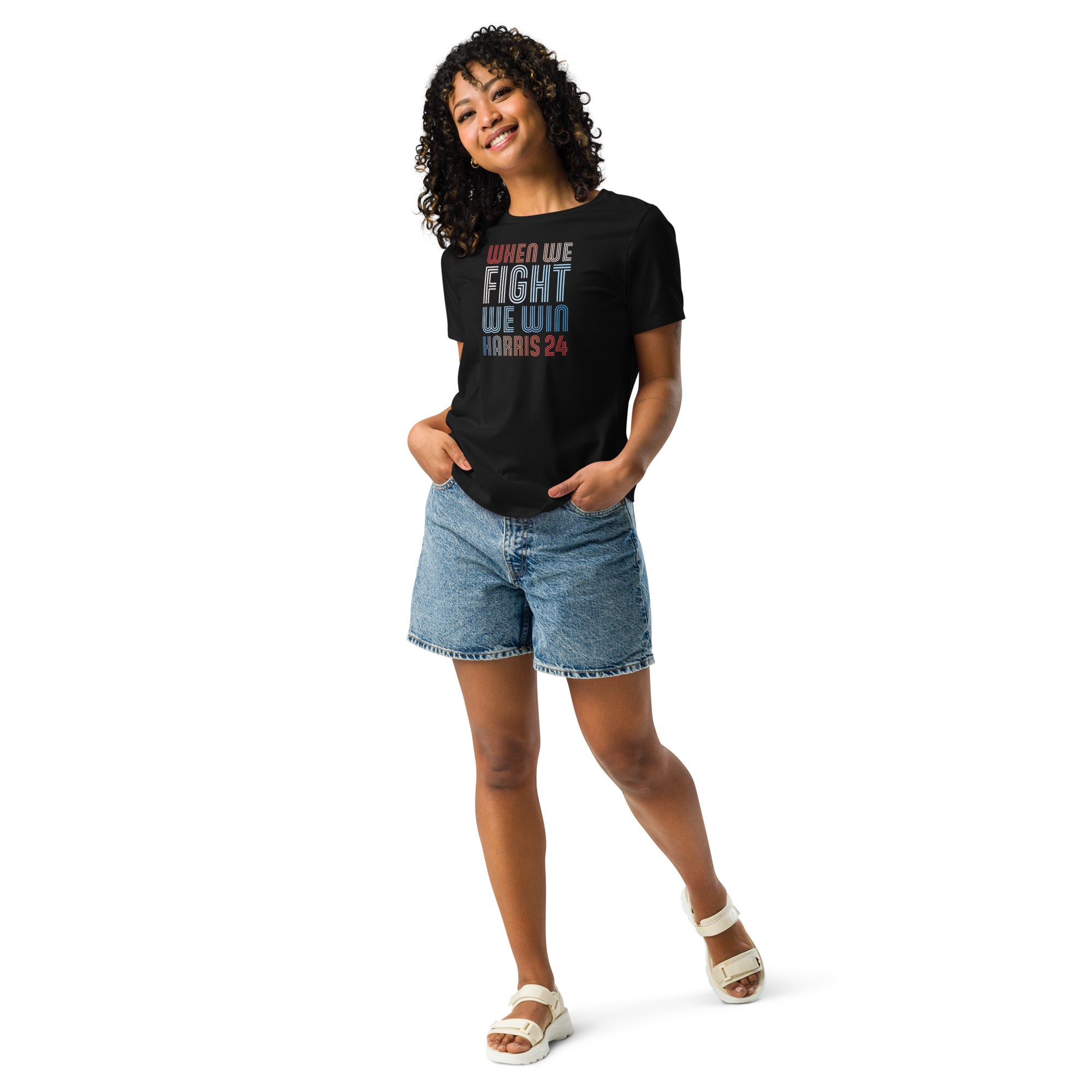 woman wearing black women's shirt with when we fight we win harris 24 in red white and blue blended text