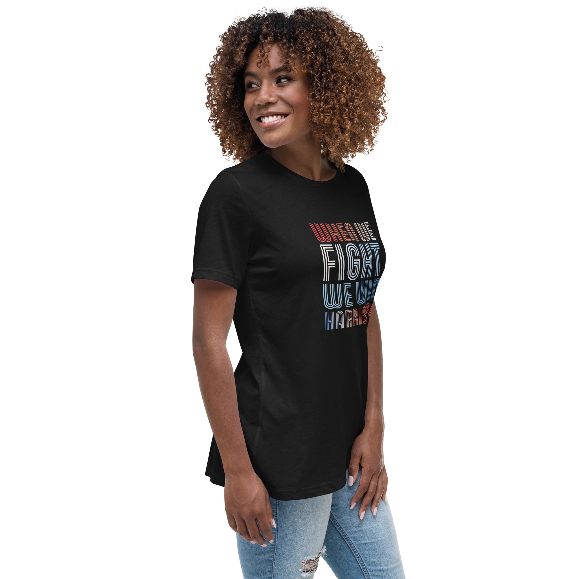 woman wearing black women's shirt with when we fight we win harris 24 in red white and blue blended text