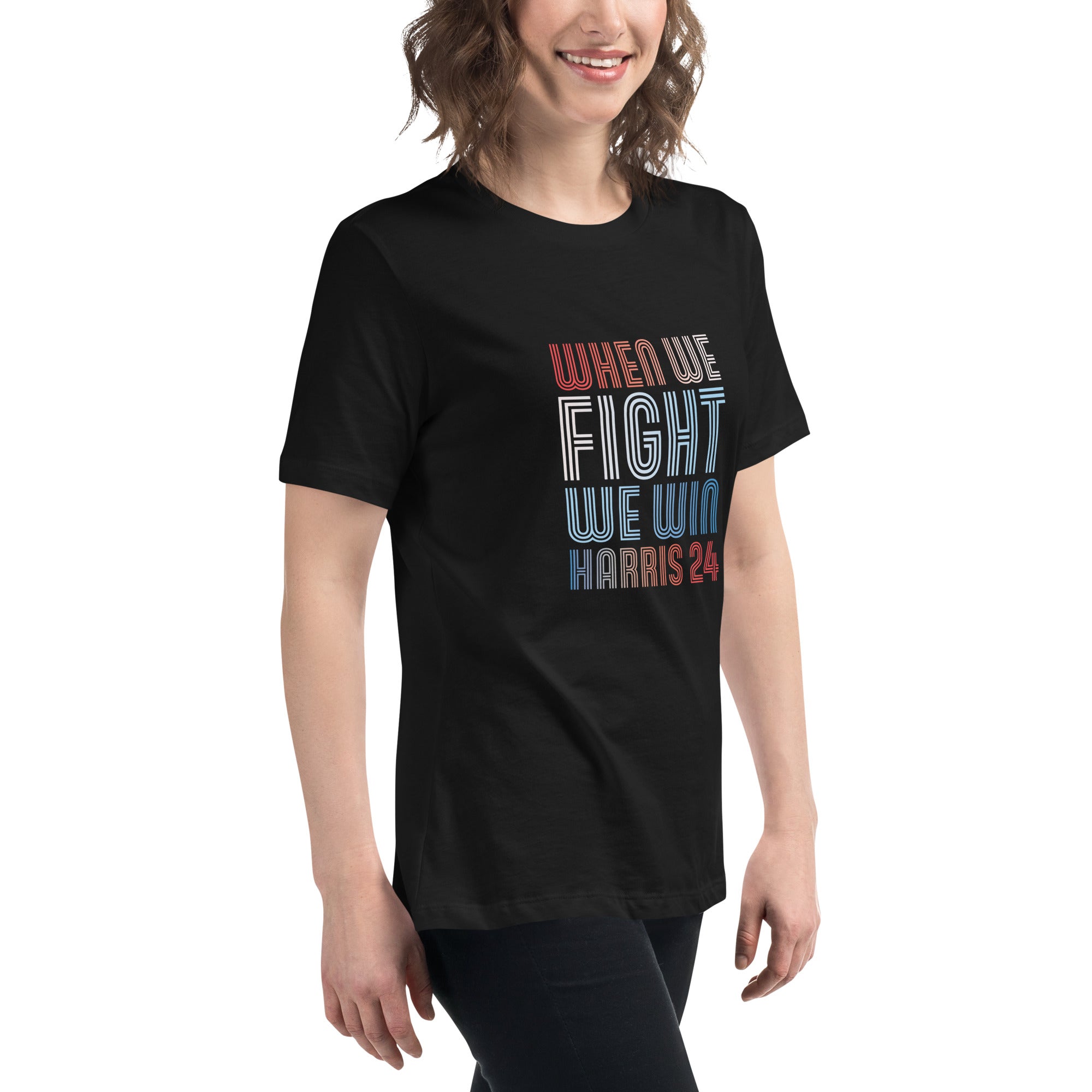 woman wearing black women's shirt with when we fight we win harris 24 in red white and blue blended text