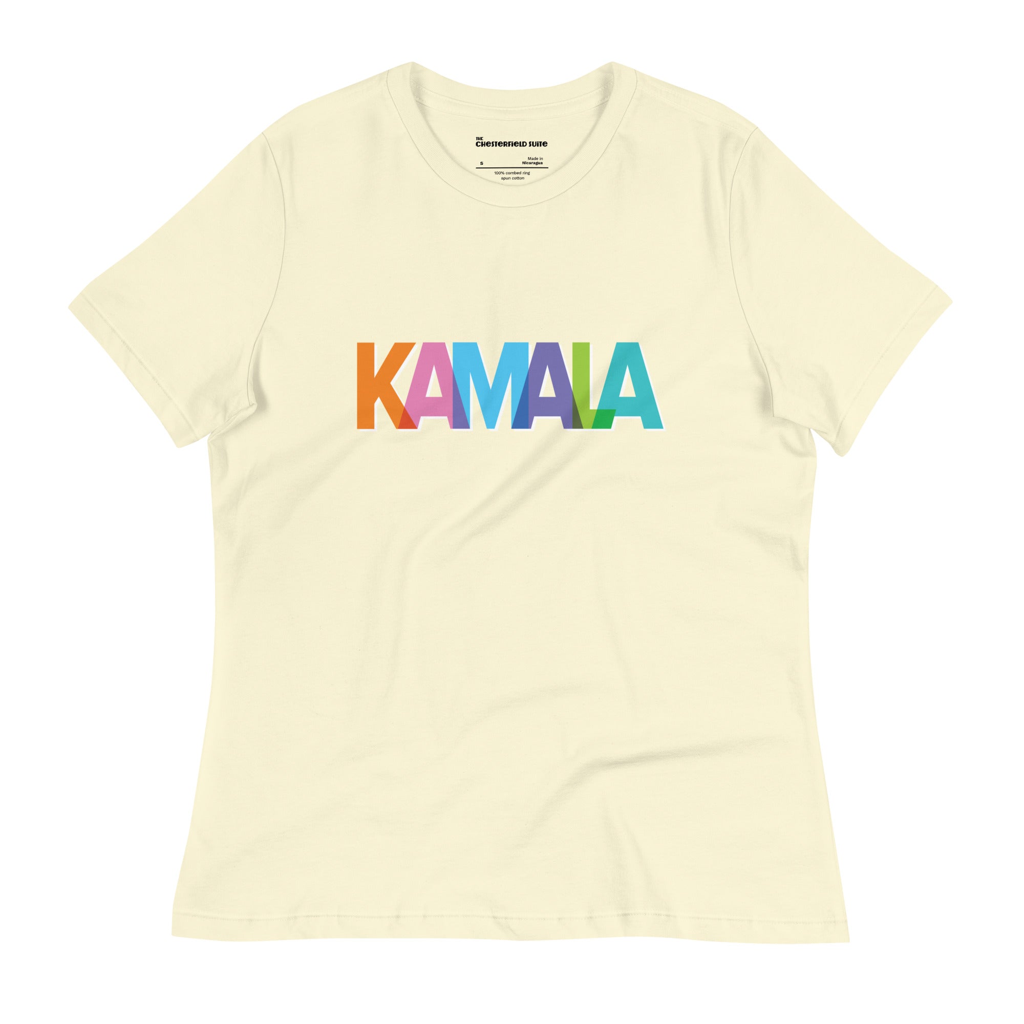 citron colored women's t-shirt with KAMALA on the front with multi colored overlapping letters