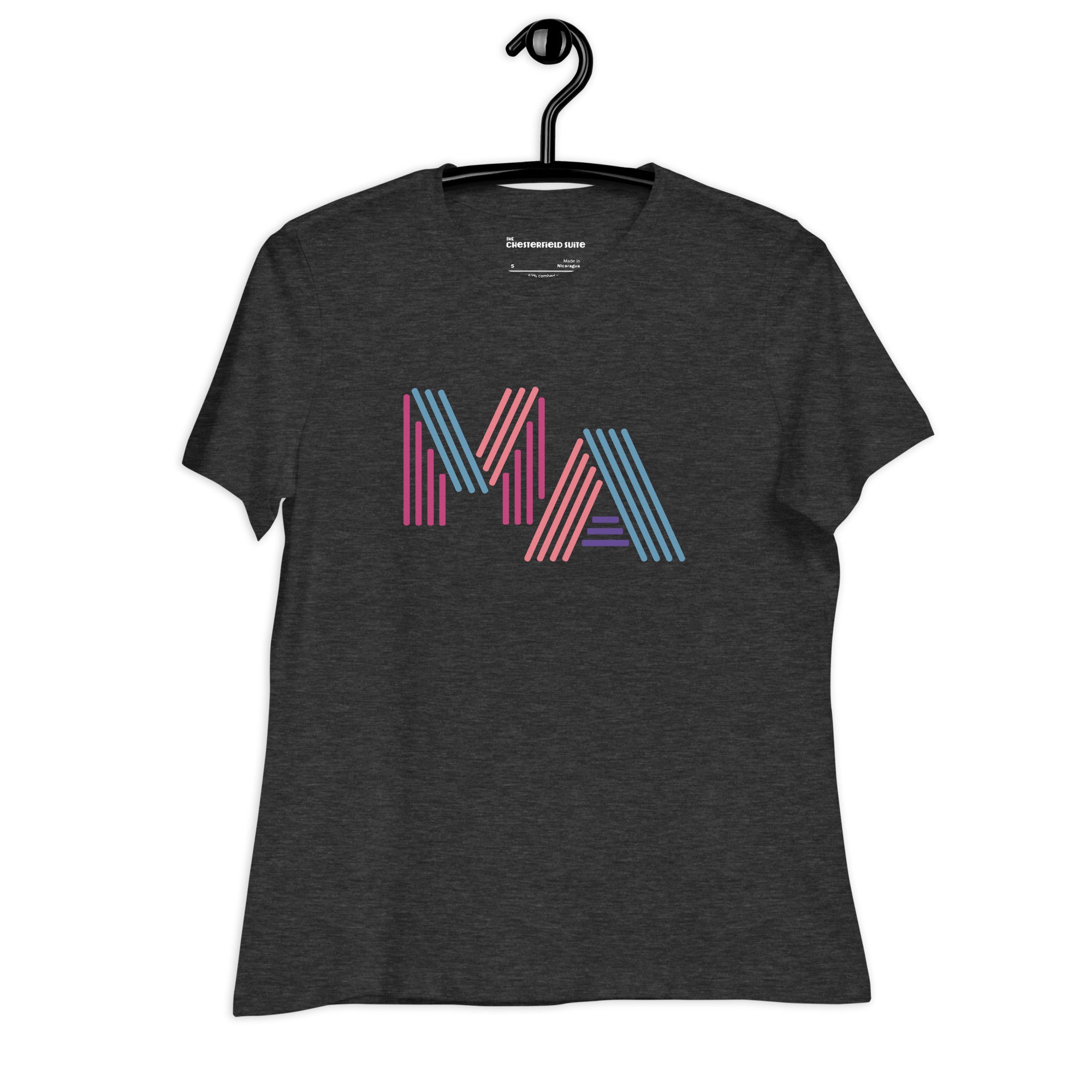 Women's dark grey heather t-shirt with 'MA' in 90s neon-style font – Massachusetts pride shirt