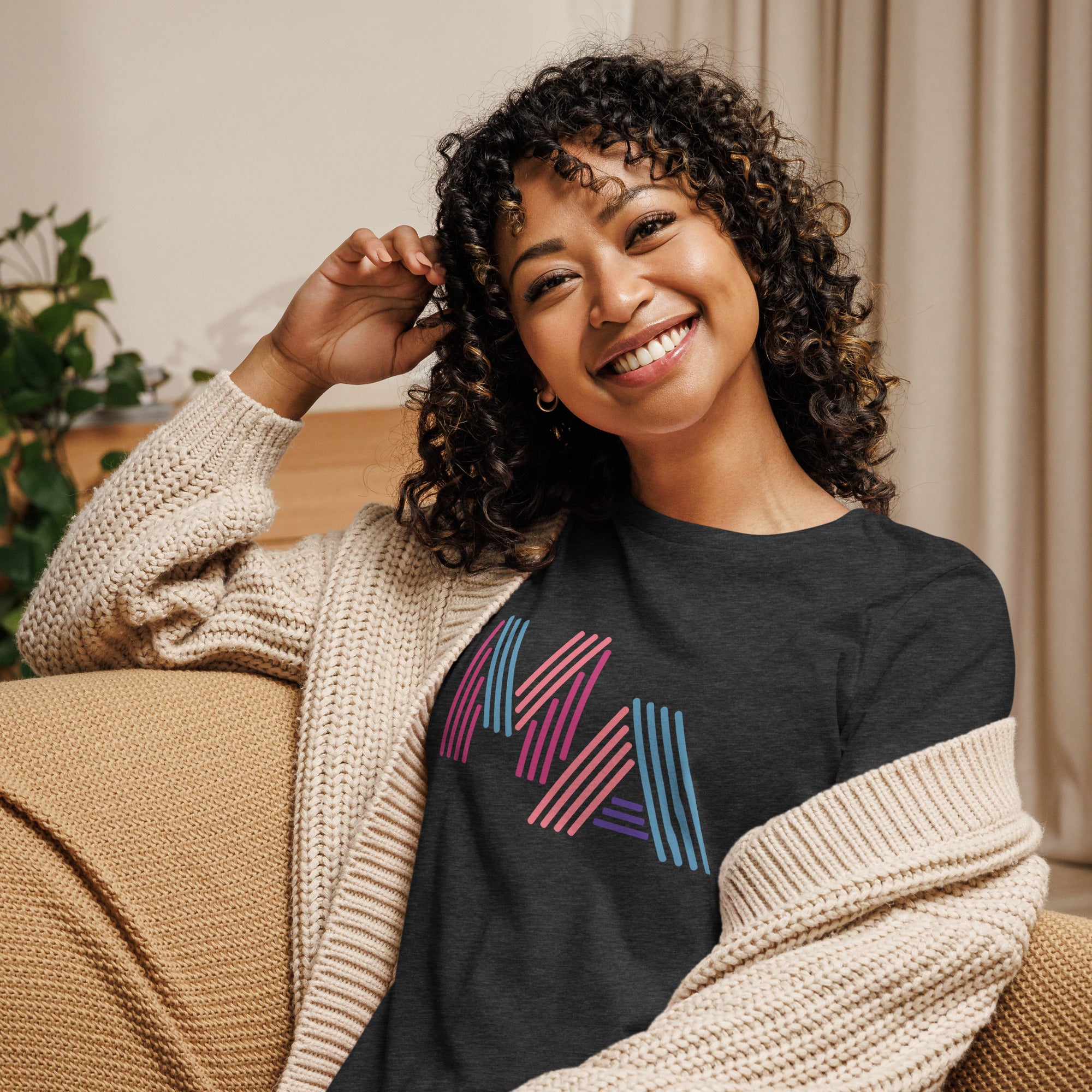 woman wearing Women's dark grey heather t-shirt with 'MA' in 90s neon-style font – Massachusetts pride shirt