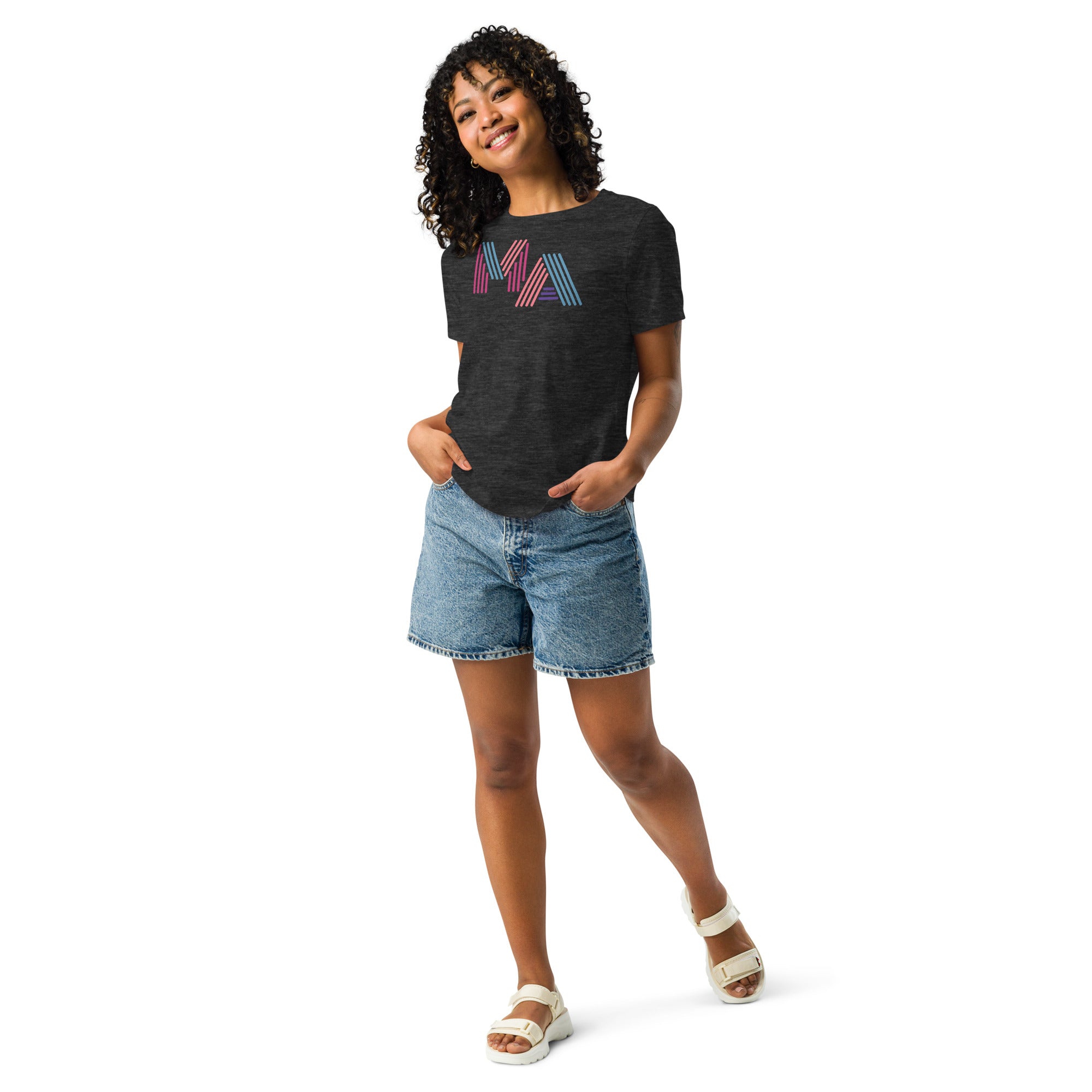 woman wearing Women's dark grey heather t-shirt with 'MA' in 90s neon-style font – Massachusetts pride shirt