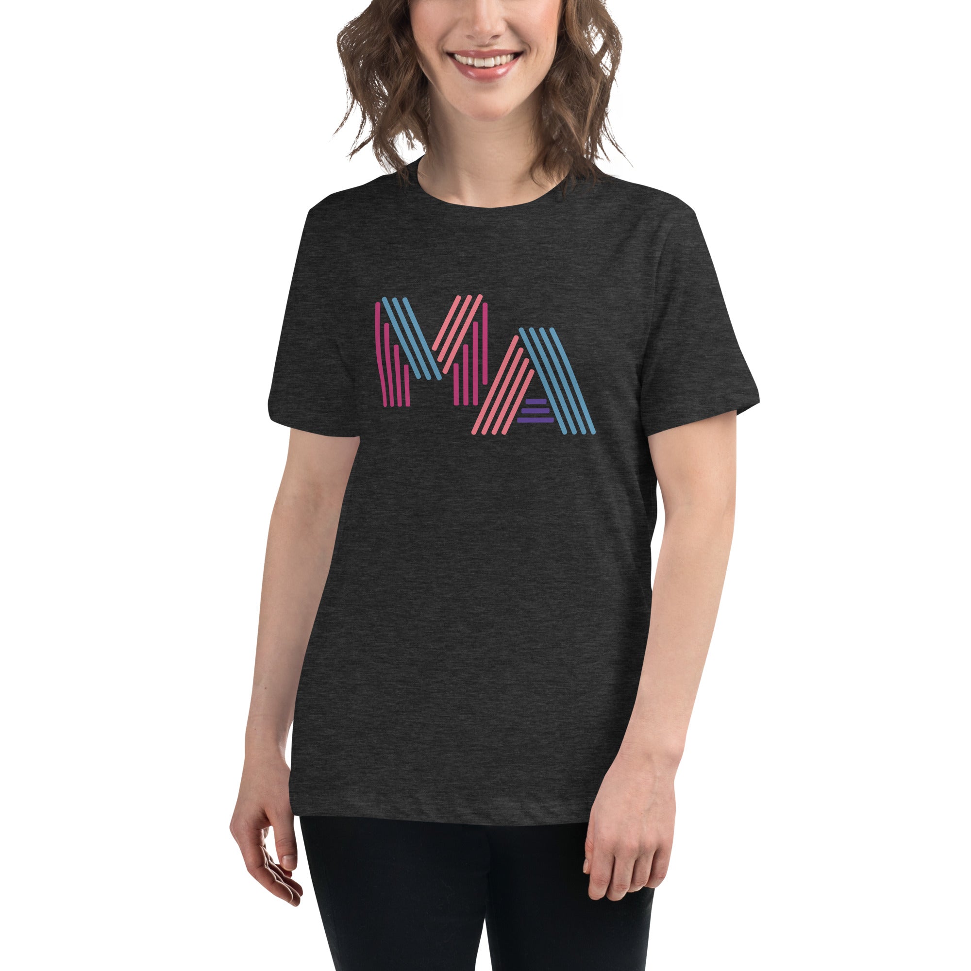 woman wearing Women's dark grey heather t-shirt with 'MA' in 90s neon-style font – Massachusetts pride shirt