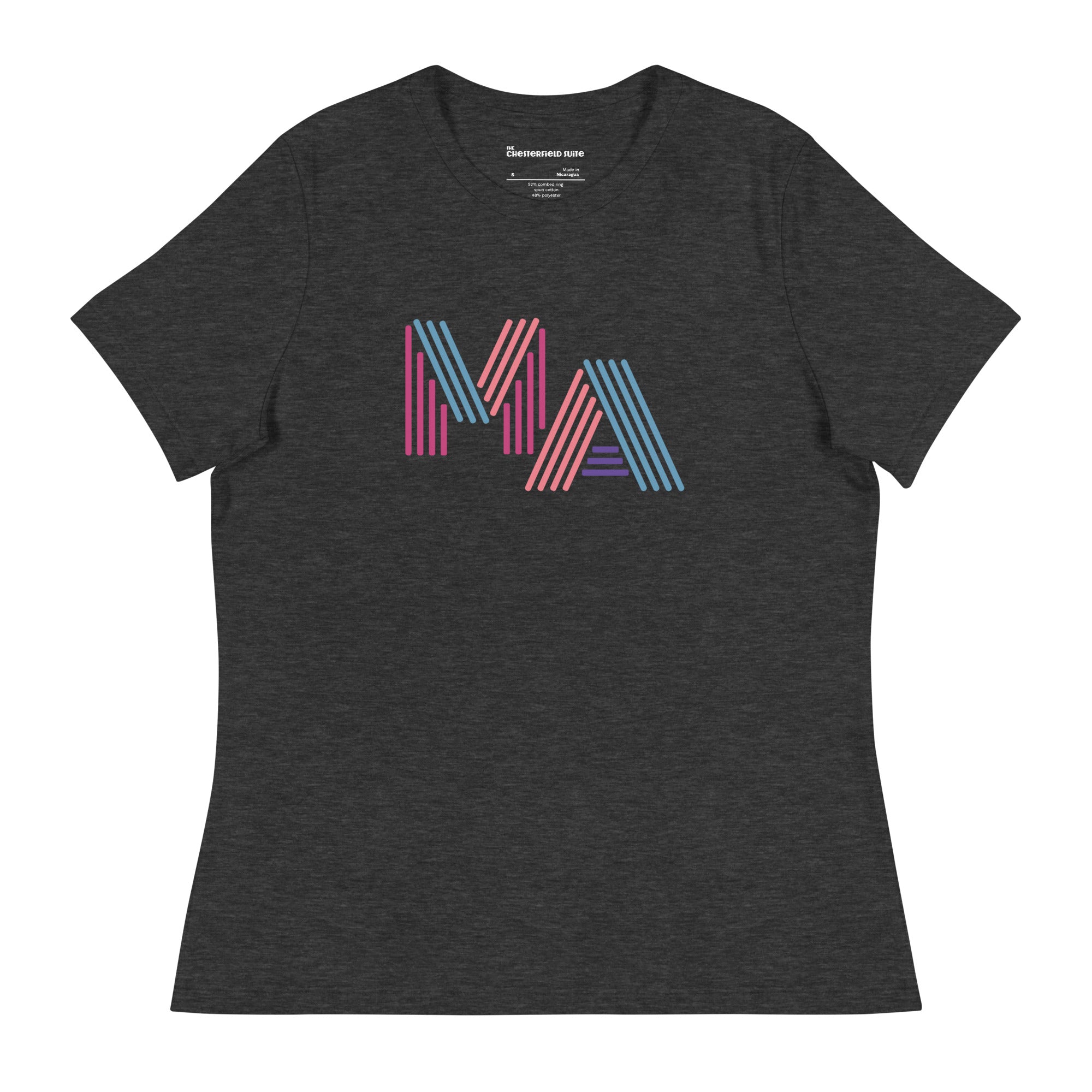 Women's dark grey heather t-shirt with 'MA' in 90s neon-style font – Massachusetts pride shirt