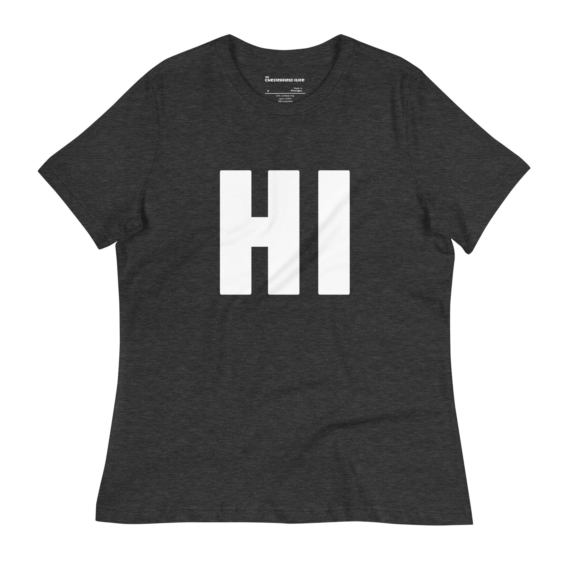 the word HI in white on a dark grey women's t-shirt