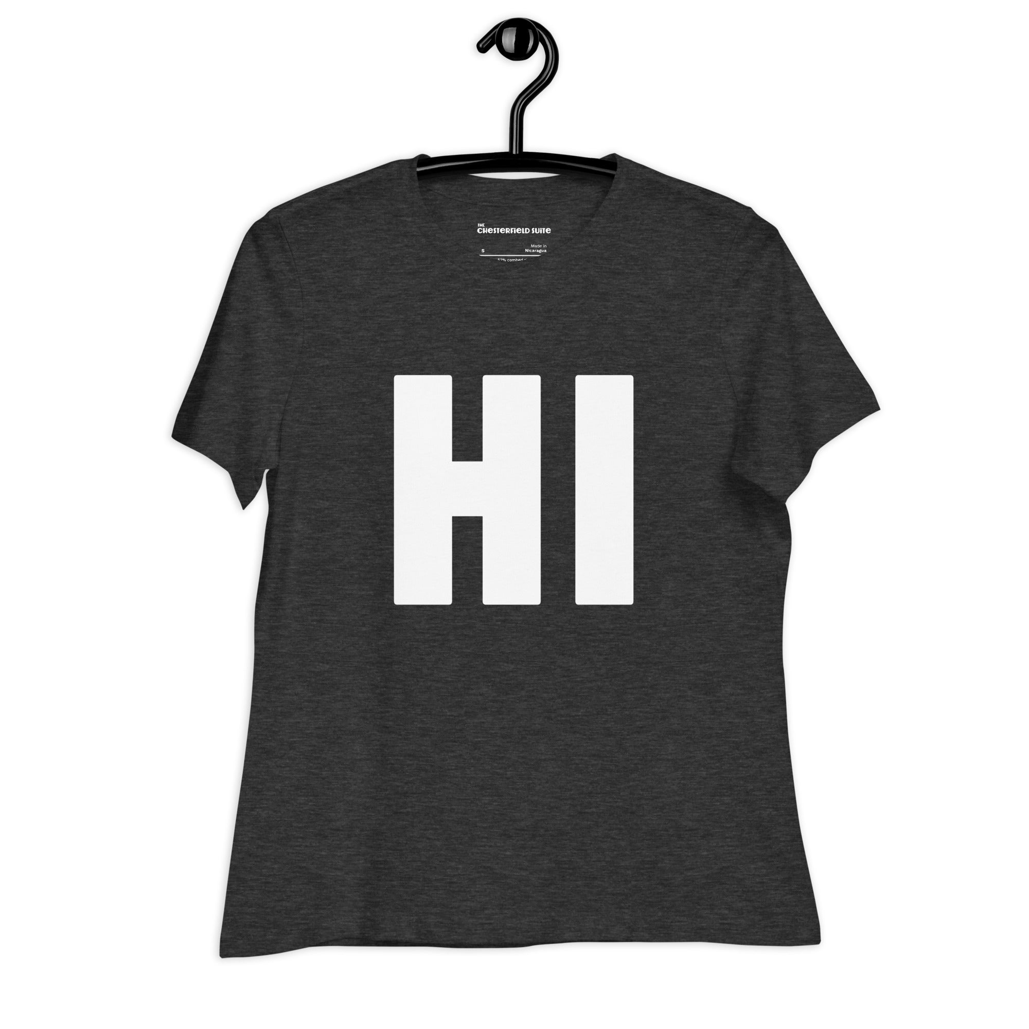the word HI in white on a dark grey women's t-shirt