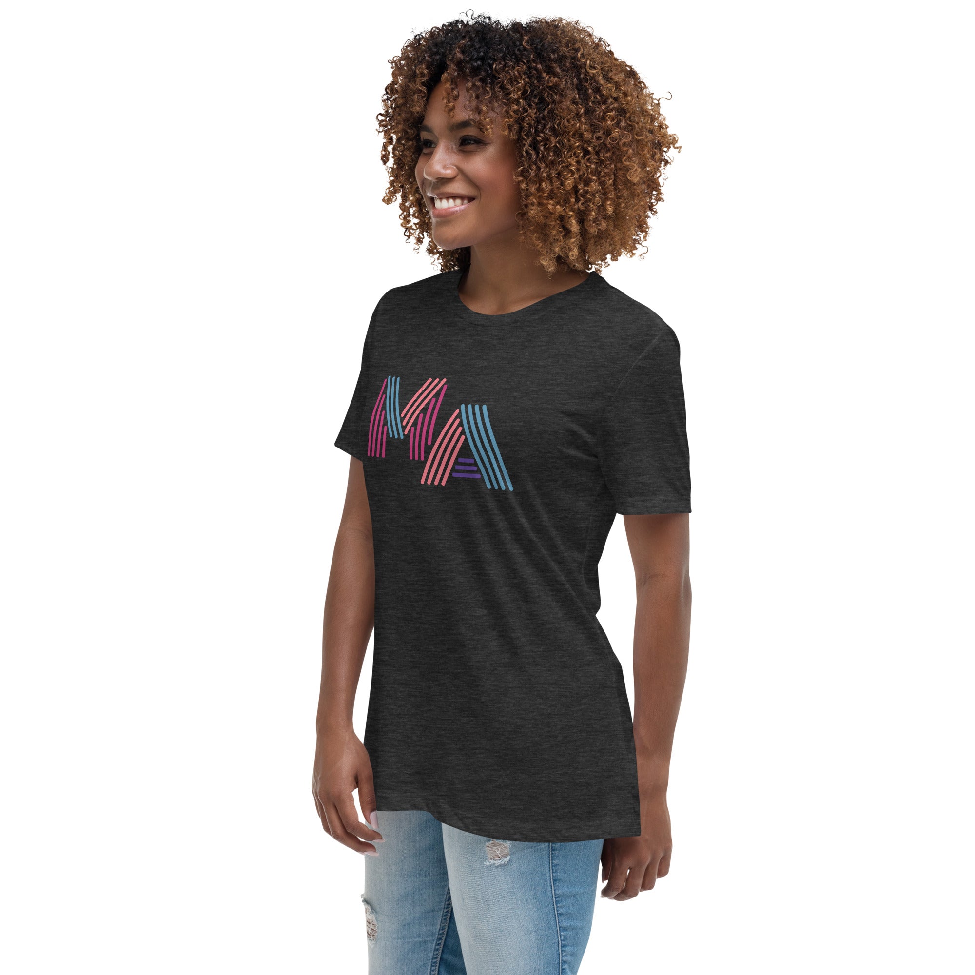 woman wearing Women's dark grey heather t-shirt with 'MA' in 90s neon-style font – Massachusetts pride shirt