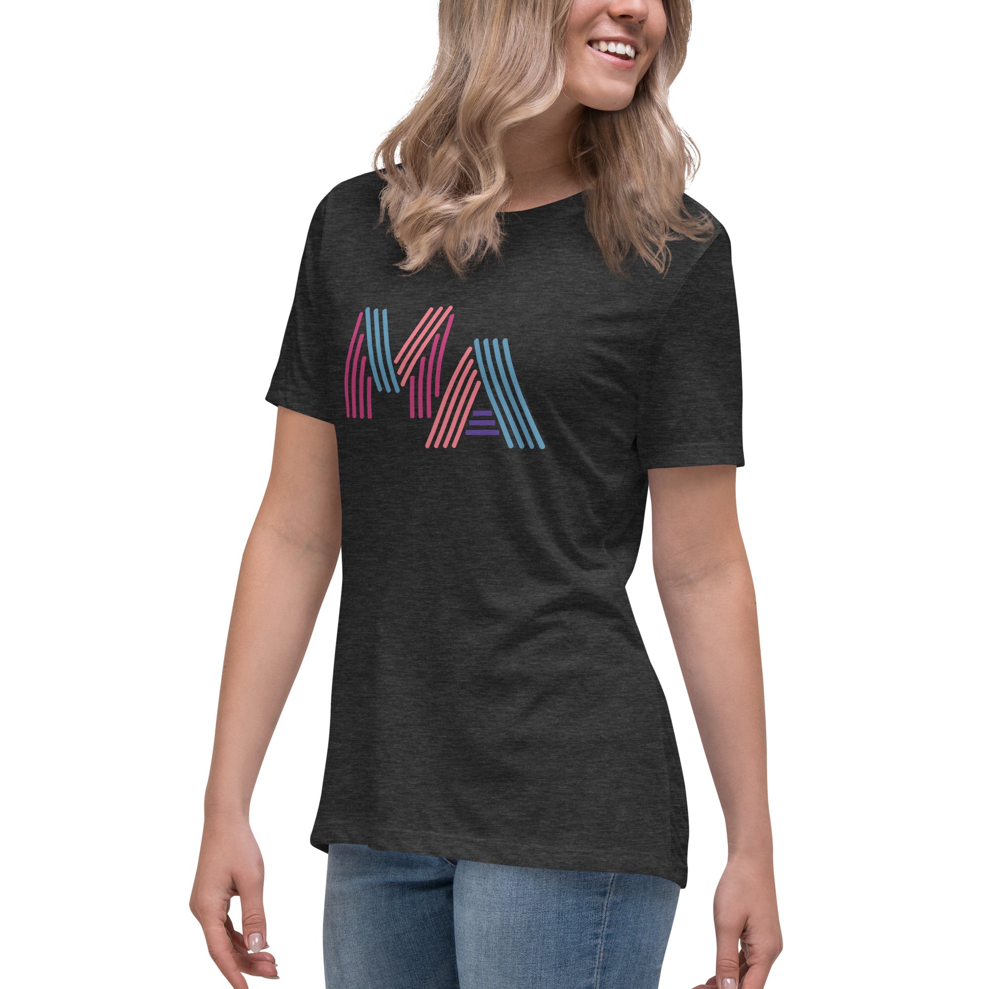 woman wearing Women's dark grey heather t-shirt with 'MA' in 90s neon-style font – Massachusetts pride shirt
