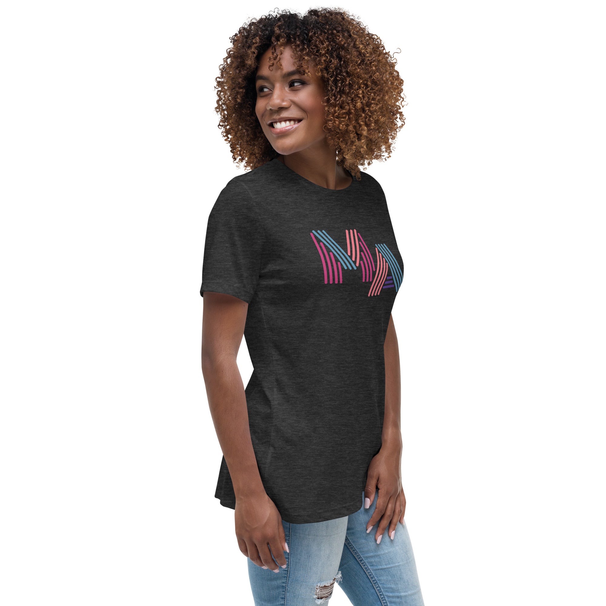 woman wearing Women's dark grey heather t-shirt with 'MA' in 90s neon-style font – Massachusetts pride shirt