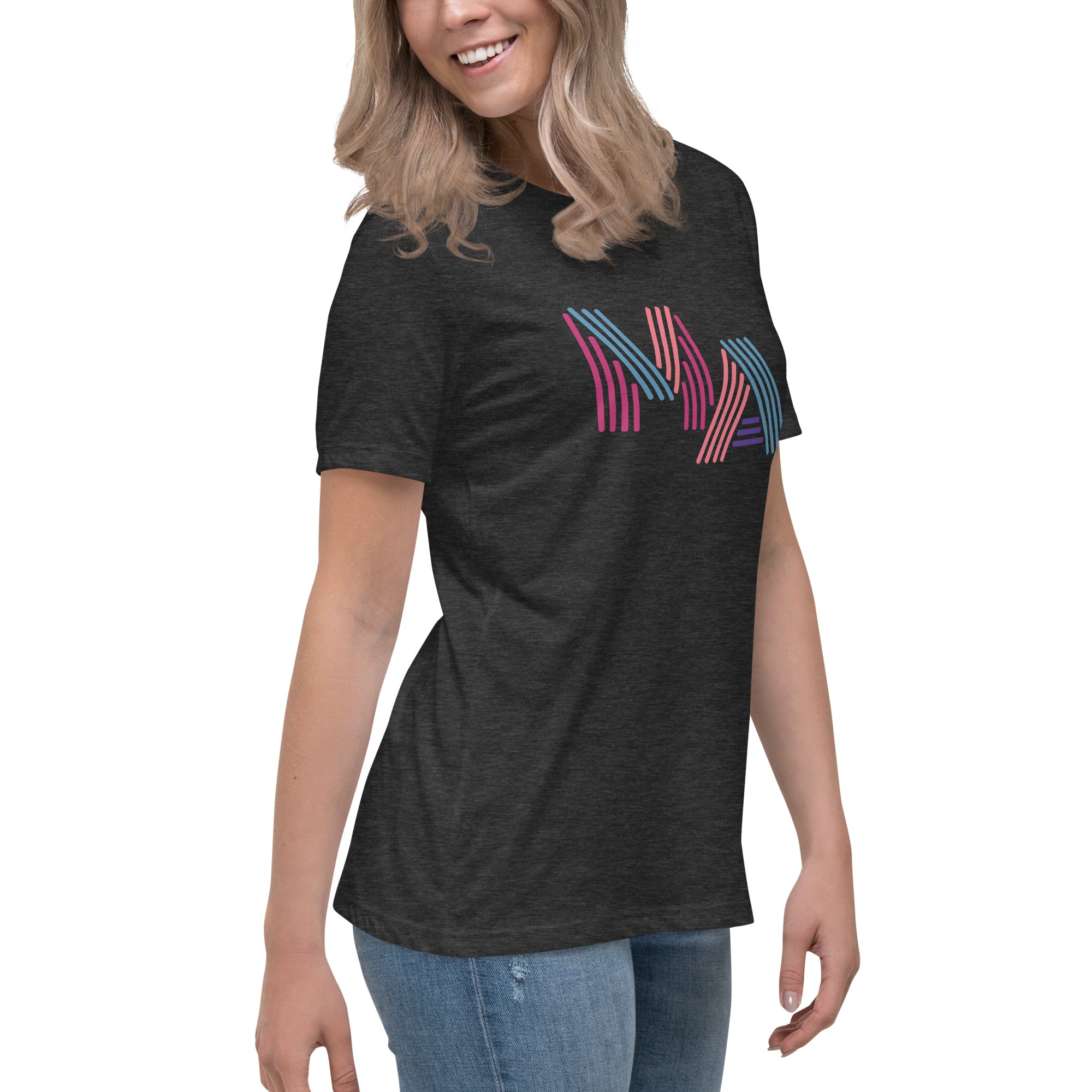 woman wearing Women's dark grey heather t-shirt with 'MA' in 90s neon-style font – Massachusetts pride shirt