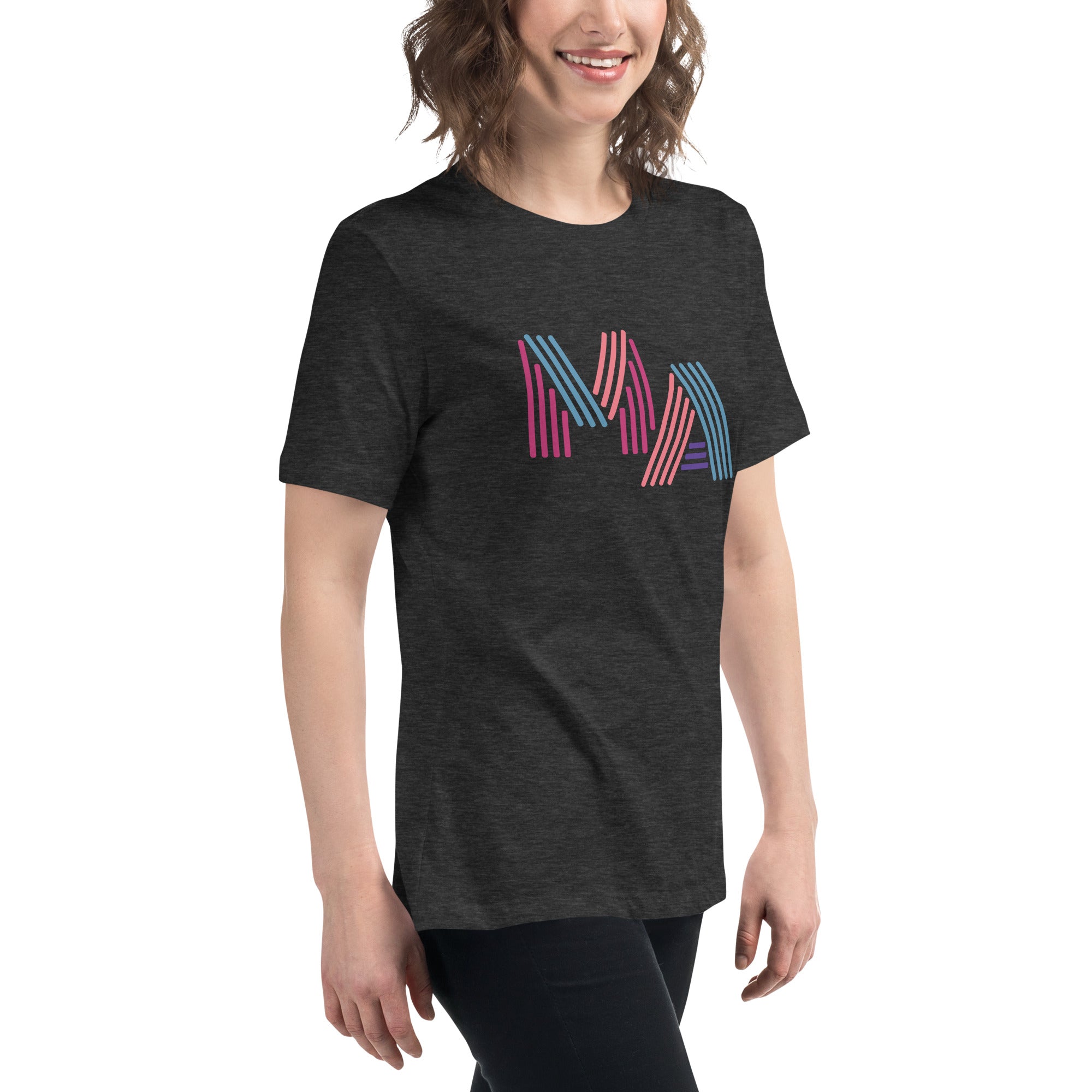 woman wearing Women's dark grey heather t-shirt with 'MA' in 90s neon-style font – Massachusetts pride shirt