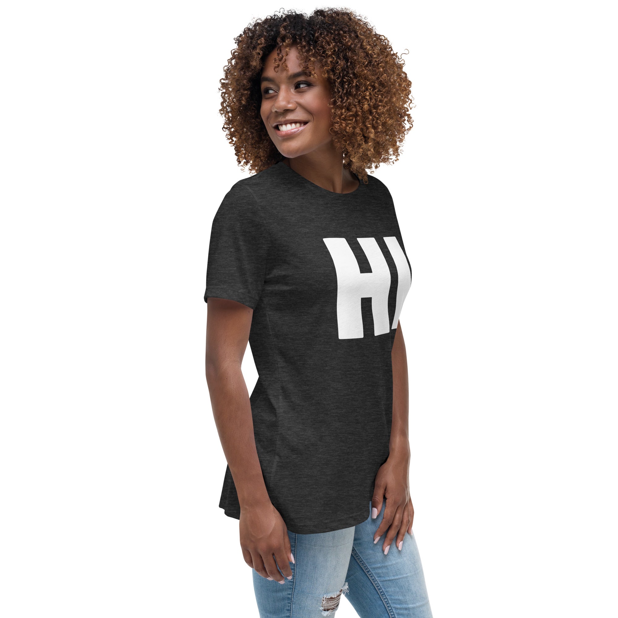 photo of a woman wearing the word HI in white on a dark grey women's t-shirt
