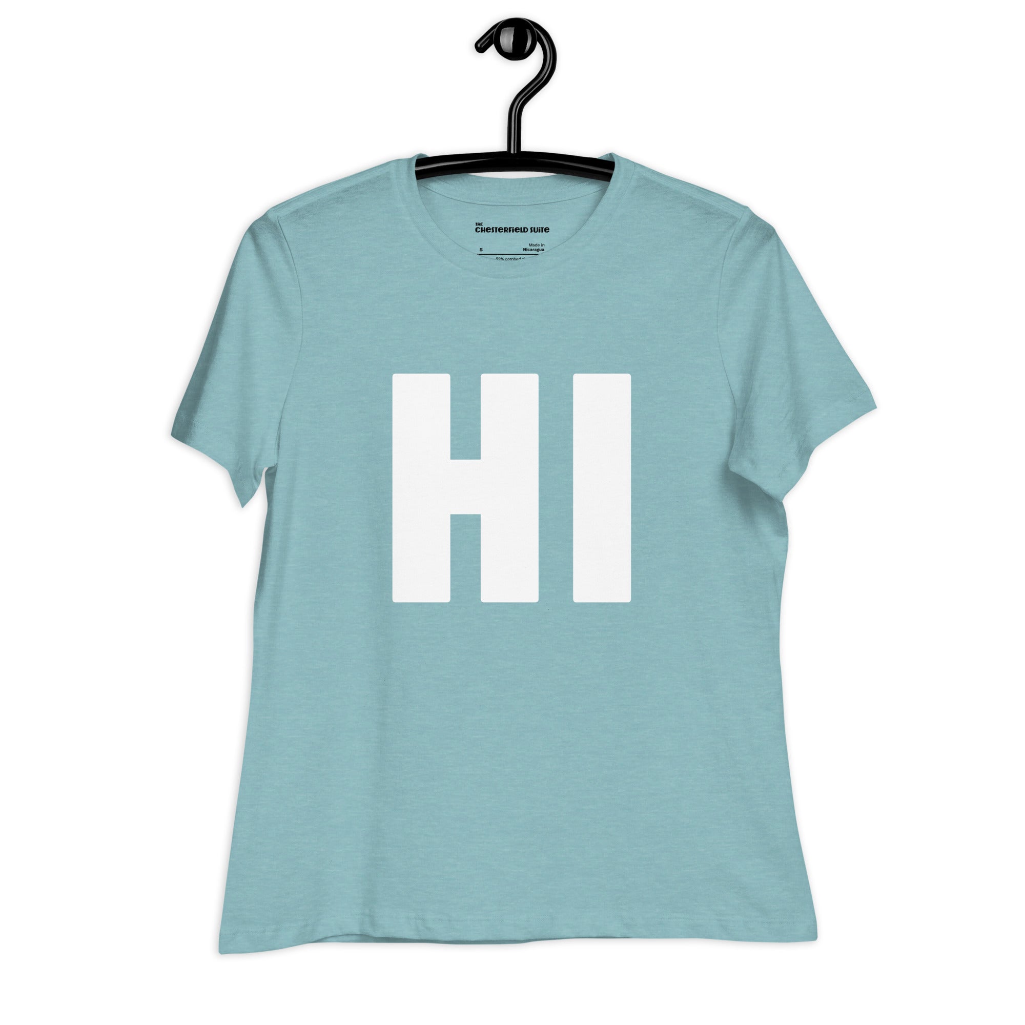 the word HI in white on a light blue women's t-shirt