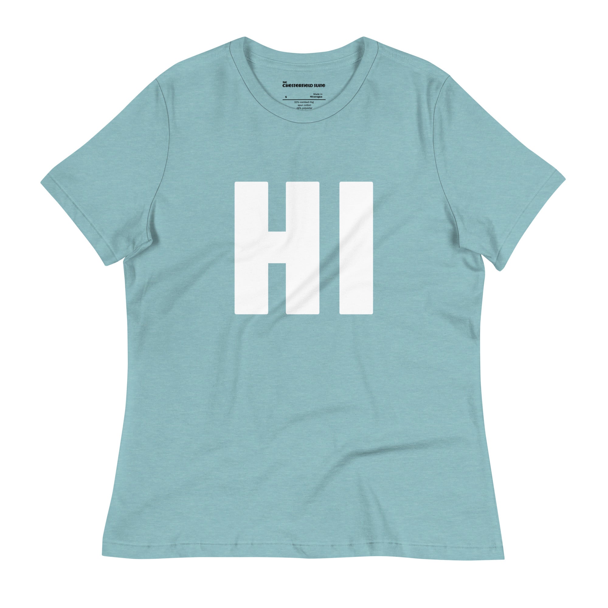 the word HI in white on a light blue women's t-shirt