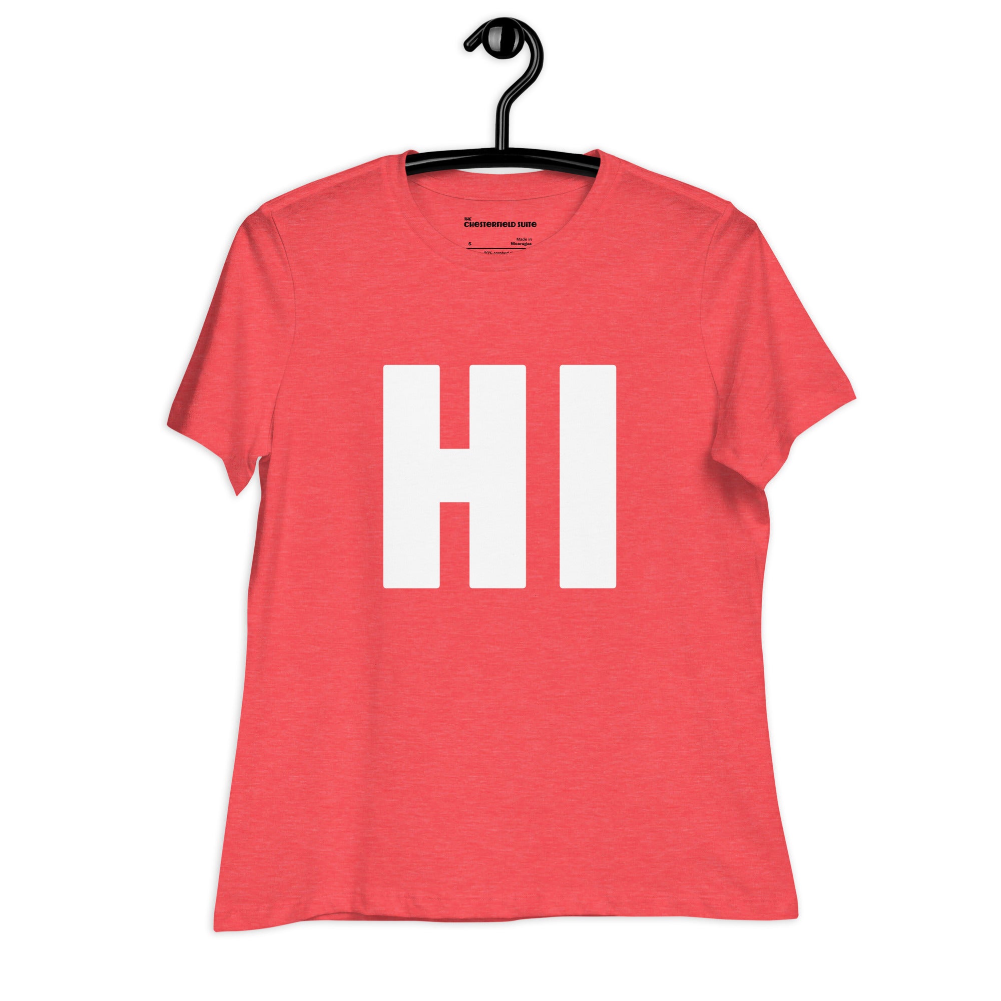 the word HI in white on a red women's t-shirt