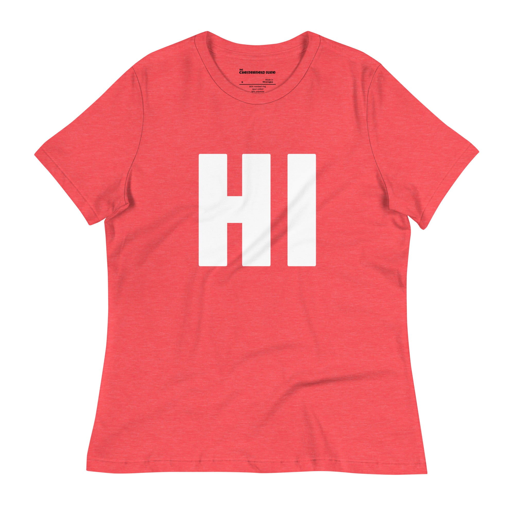 the word HI in white on a red women's t-shirt
