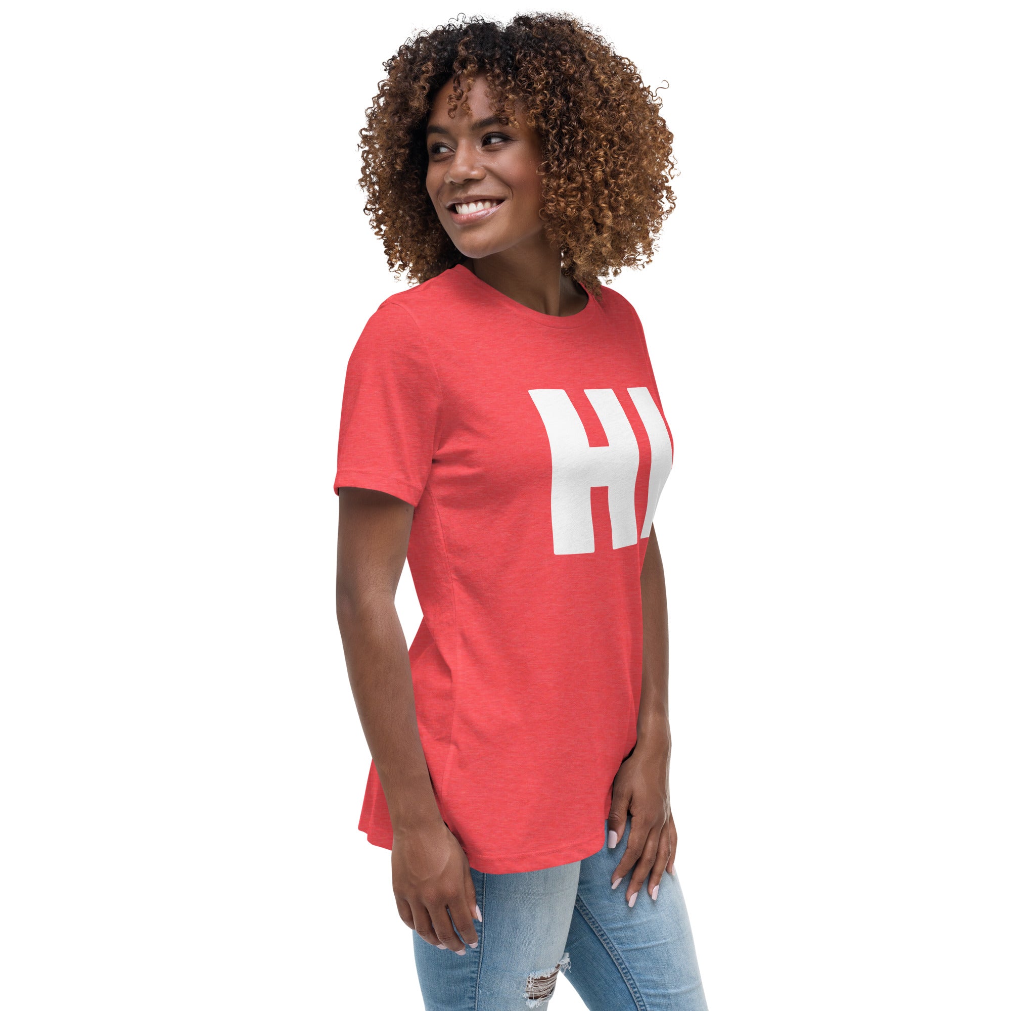 photo of a woman wearing the word HI in white on a red women's t-shirt