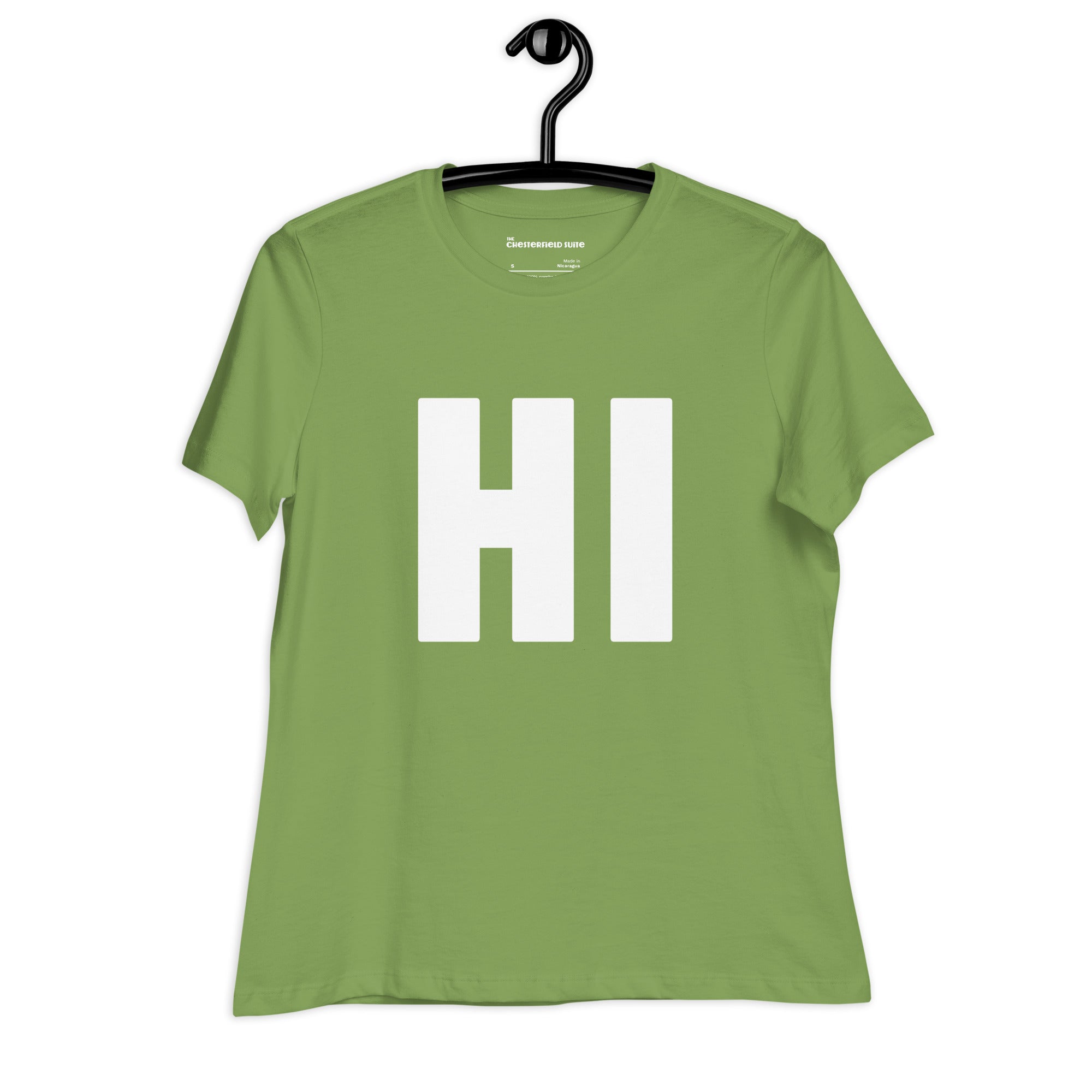 the word HI in white on a green women's t-shirt