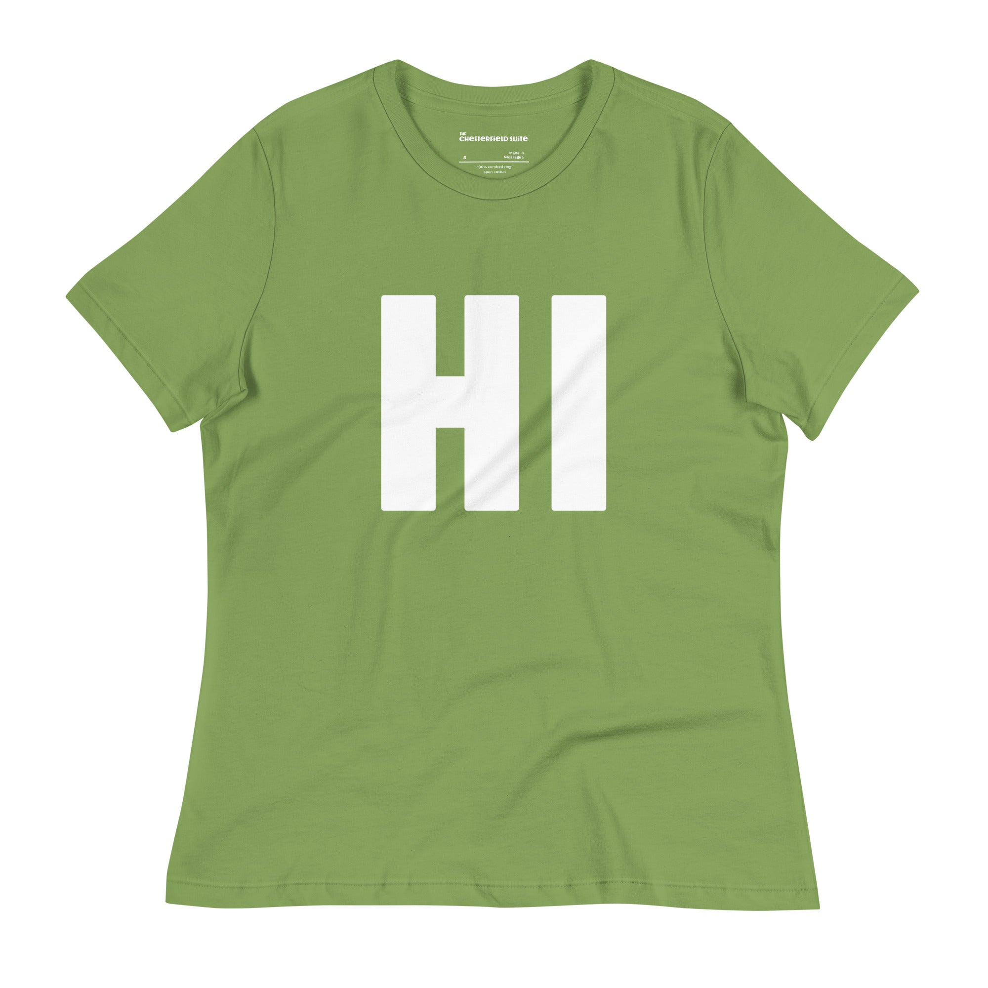 the word HI in white on a green women's t-shirt
