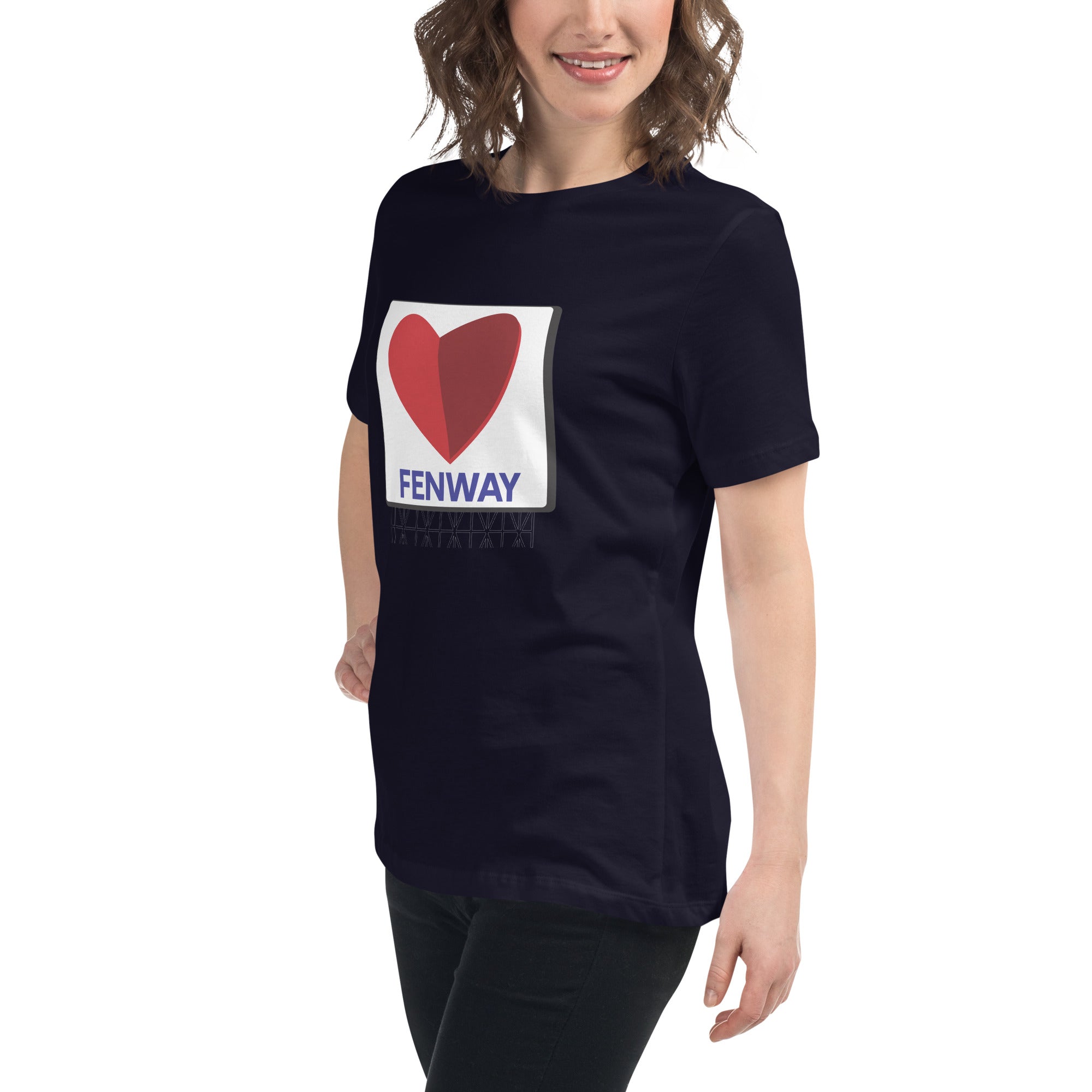 photo of woman wearing navy blue women's t-shirt with the boston fenway citgo sign in the shape of a heart