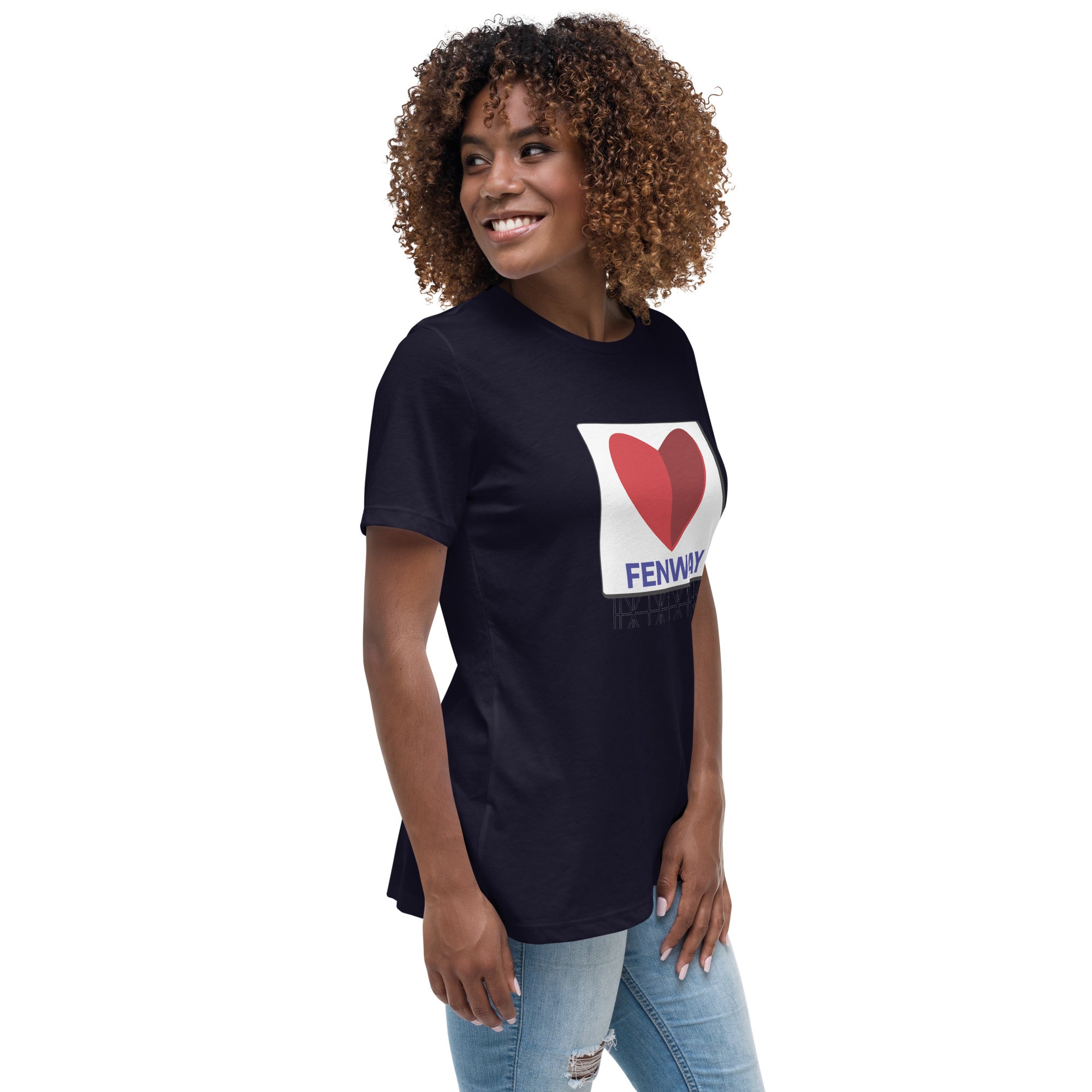 photo of woman wearing navy blue women's t-shirt with the boston fenway citgo sign in the shape of a heart