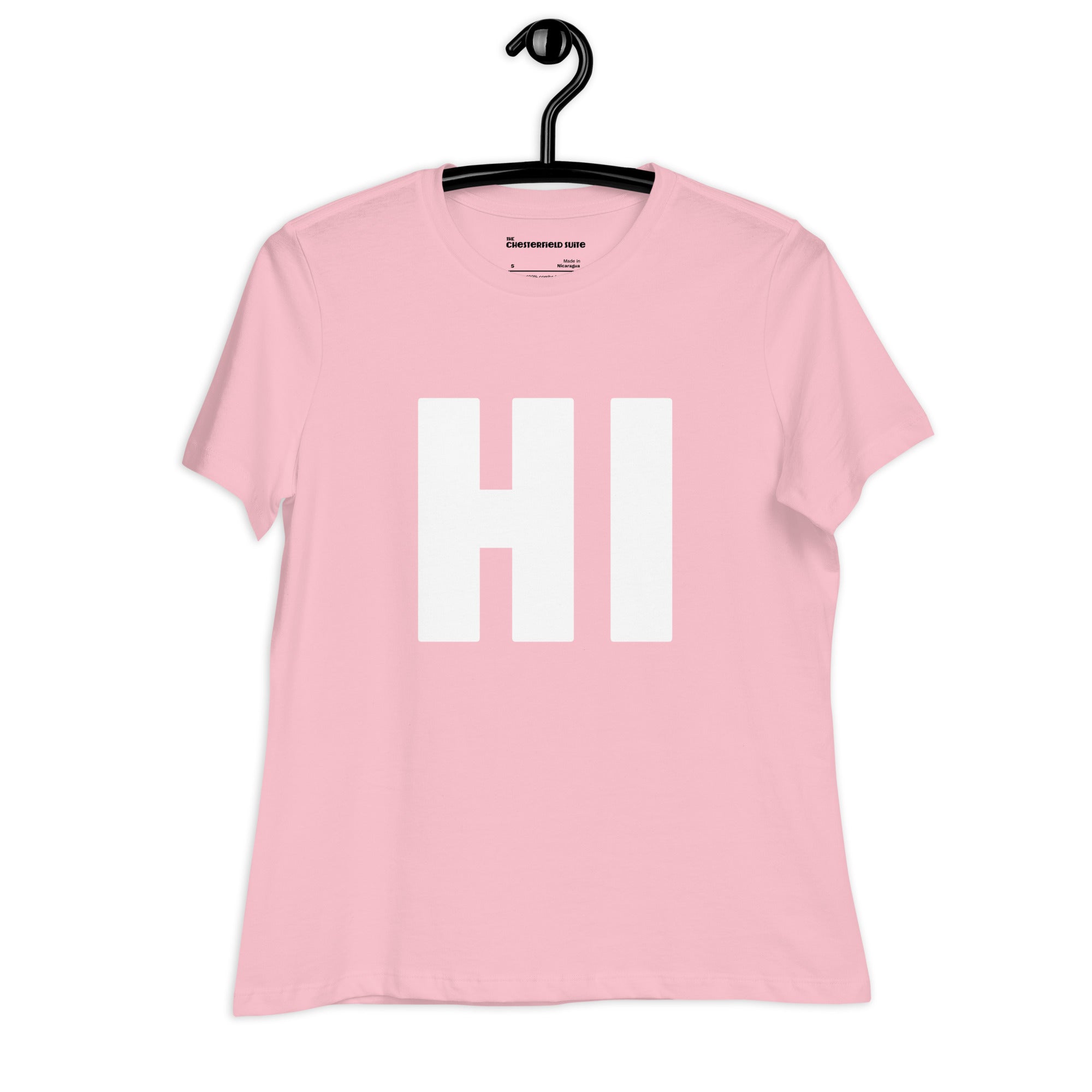 the word HI in white on a pink women's t-shirt