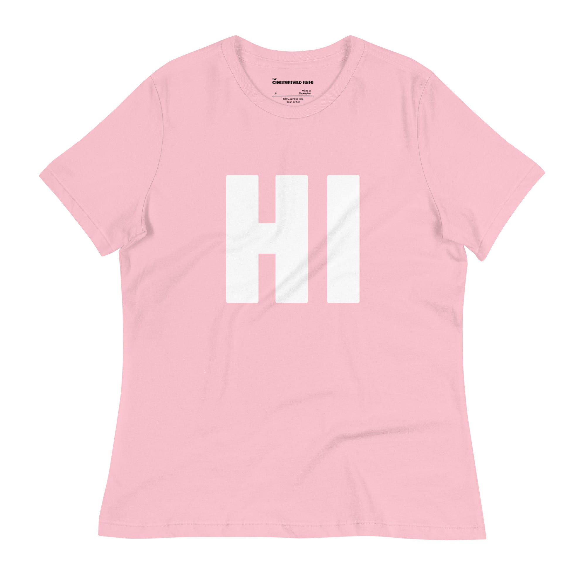 the word HI in white on a pink women's t-shirt