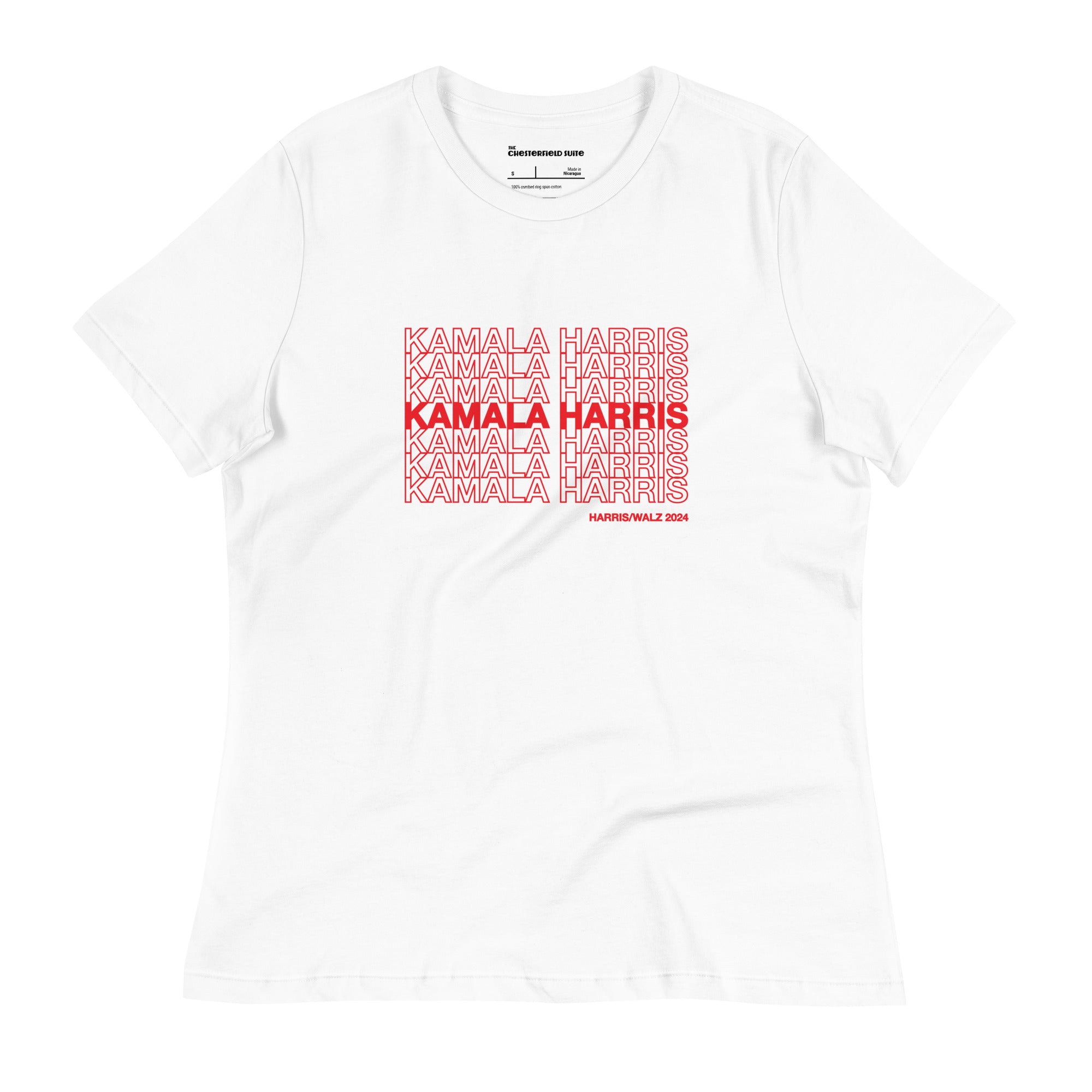 White women's t-shirt with red text saying "kamala Harris" in the classic plastic shopping bag design