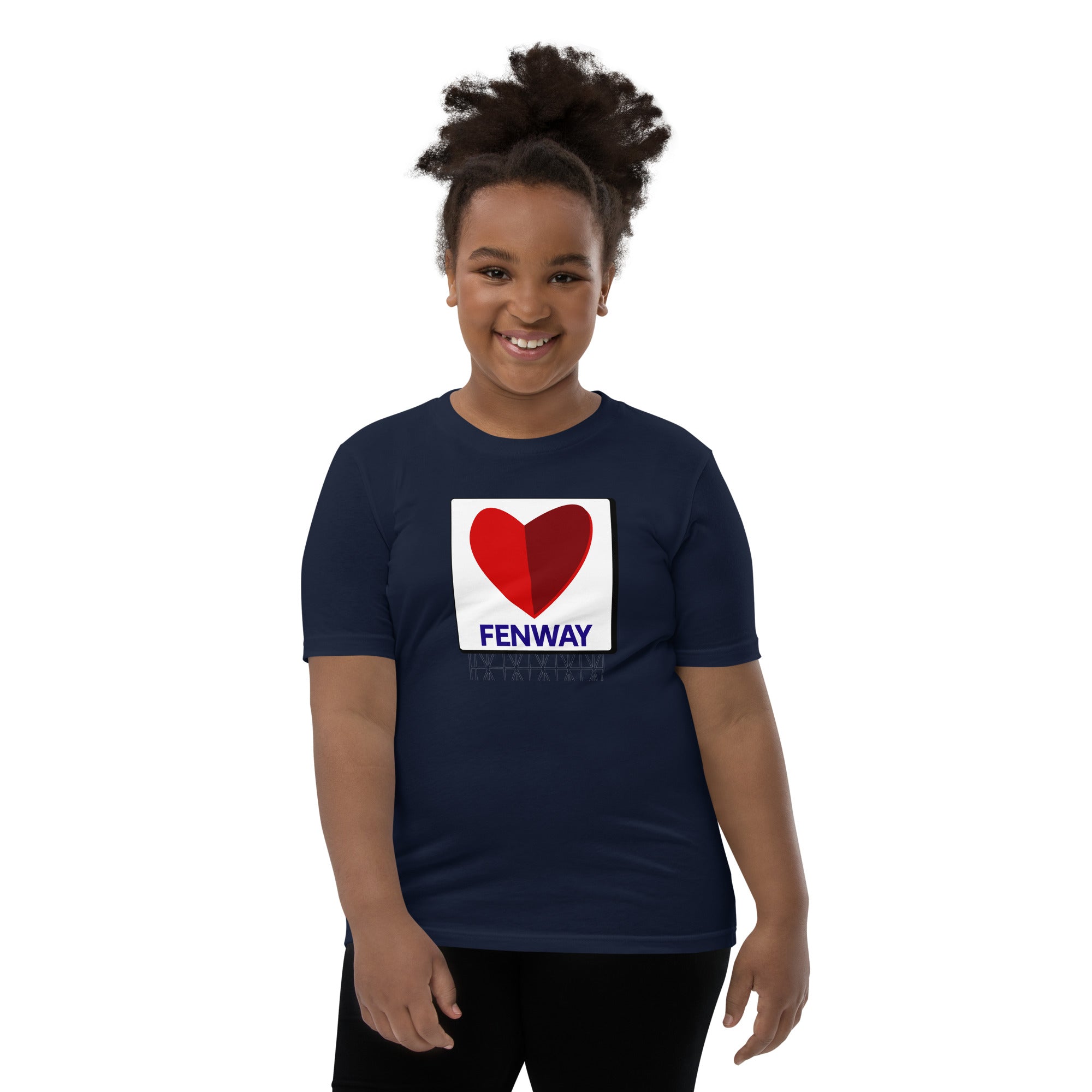 photo of girl wearing a navy blue t-shirt with graphic of the citgo sign boston fenway as a heart