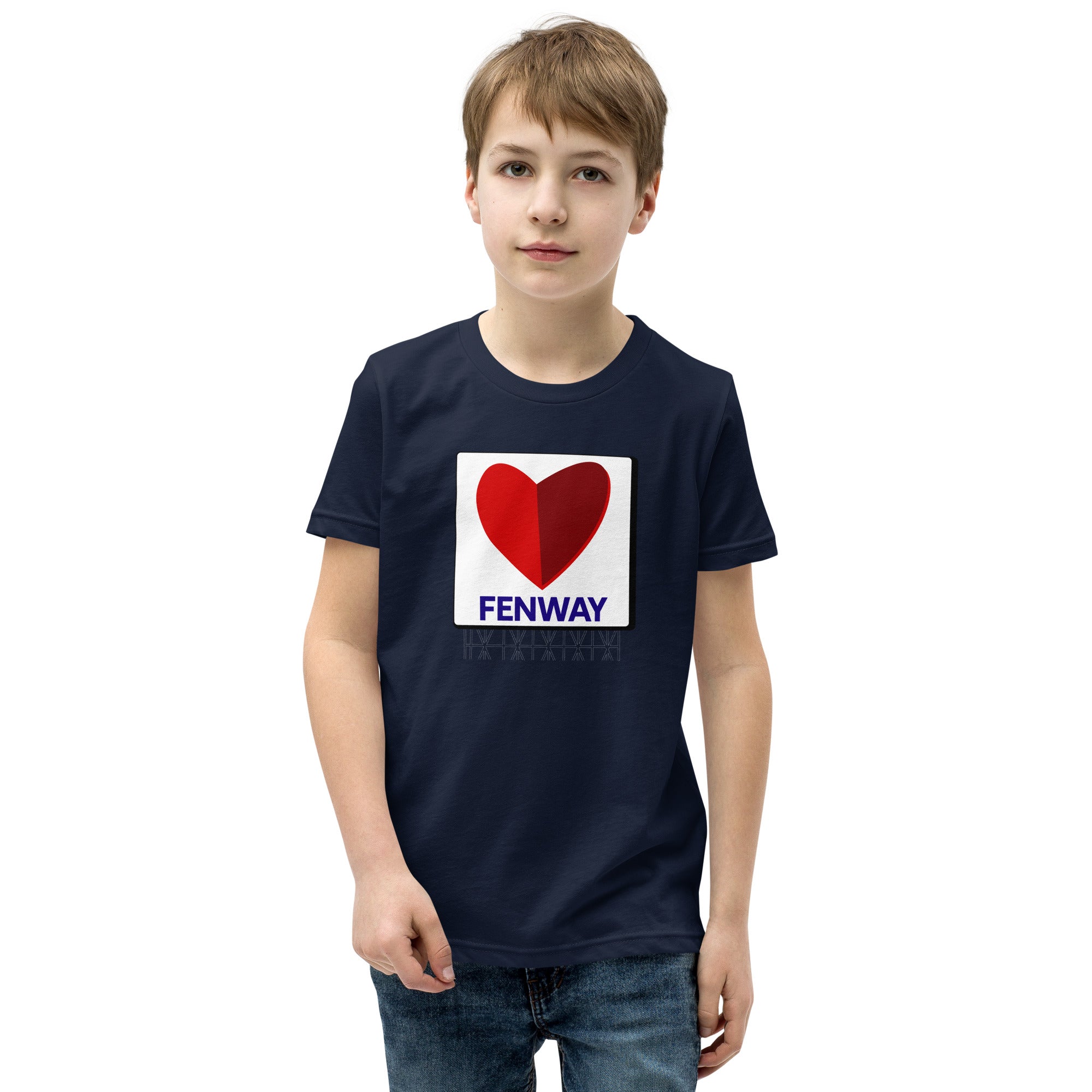 photo of boy wearing a navy blue t-shirt with graphic of the citgo sign boston fenway as a heart
