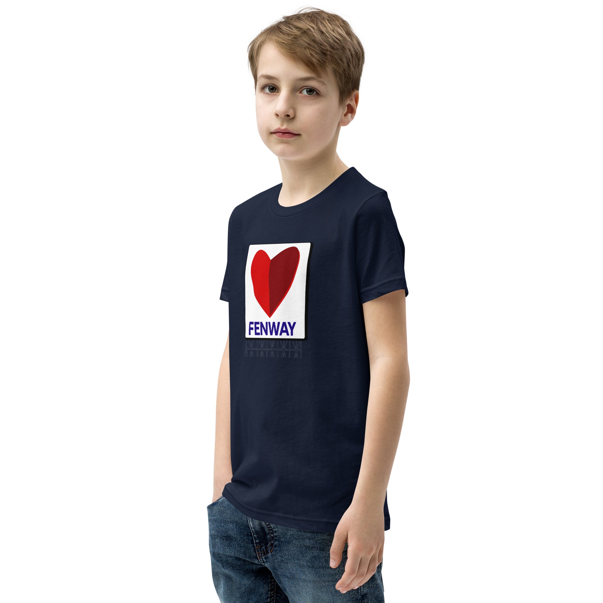 photo of boy wearing a navy blue t-shirt with graphic of the citgo sign boston fenway as a heart