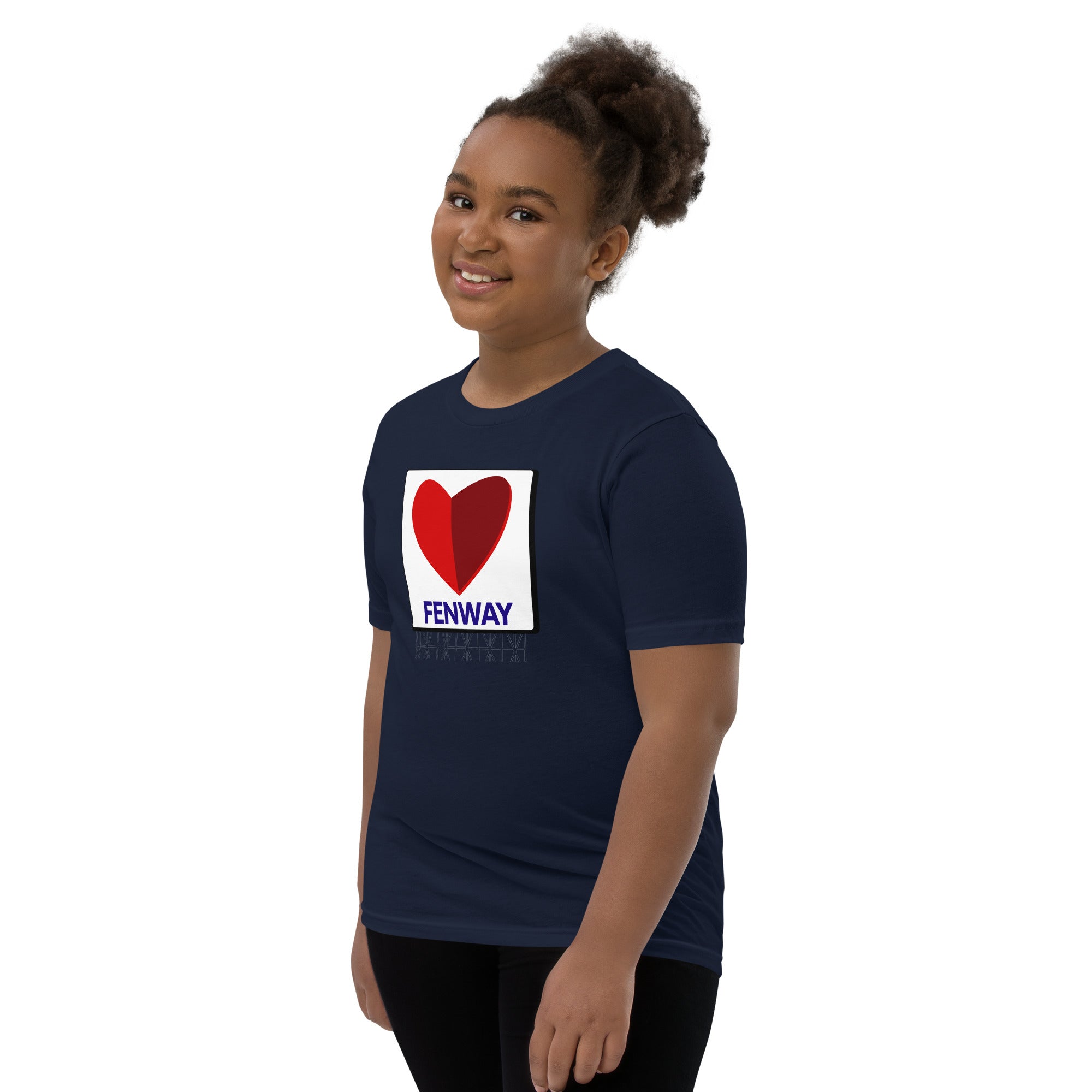 photo of girl wearing a navy blue t-shirt with graphic of the citgo sign boston fenway as a heart