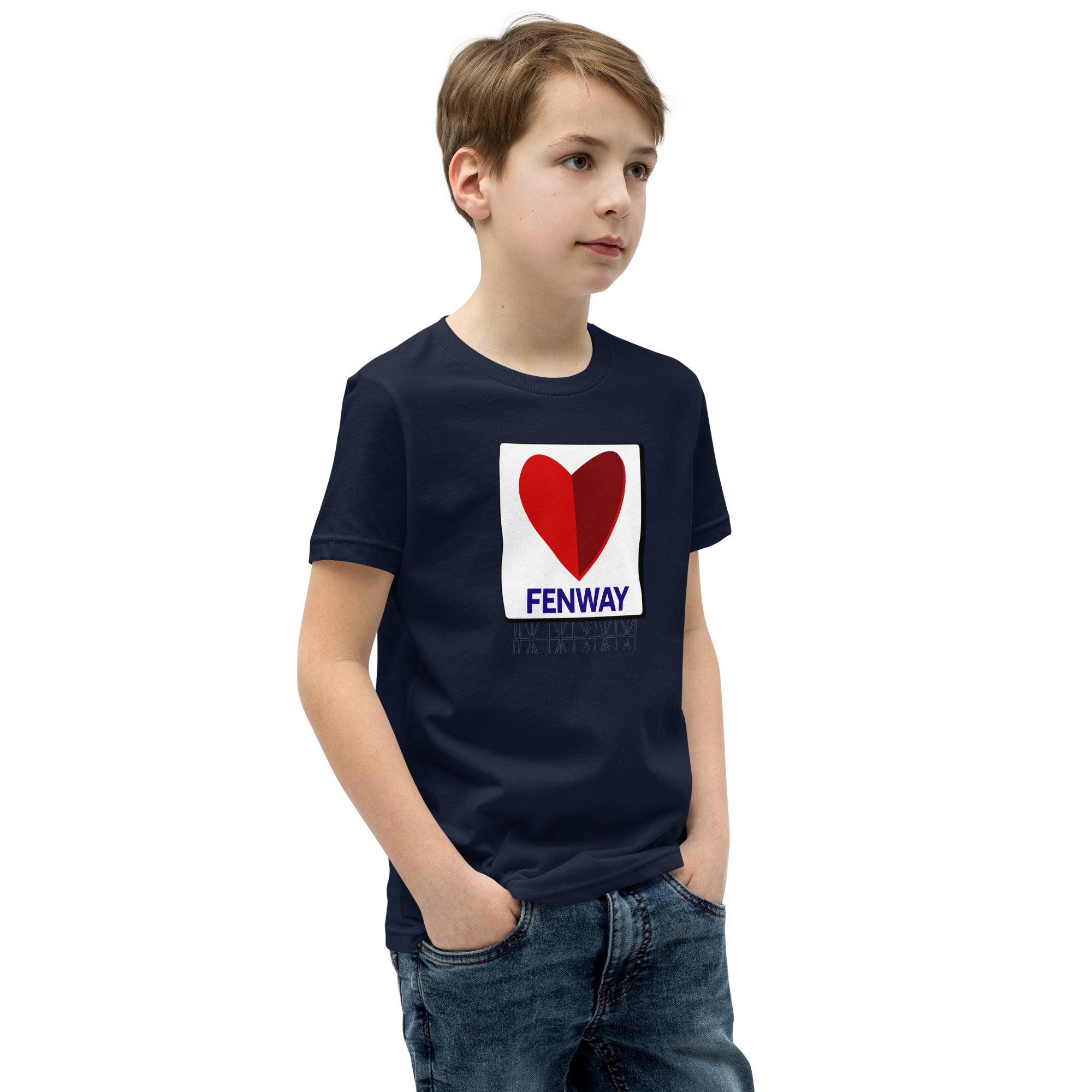photo of boy wearing a navy blue t-shirt with graphic of the citgo sign boston fenway as a heart