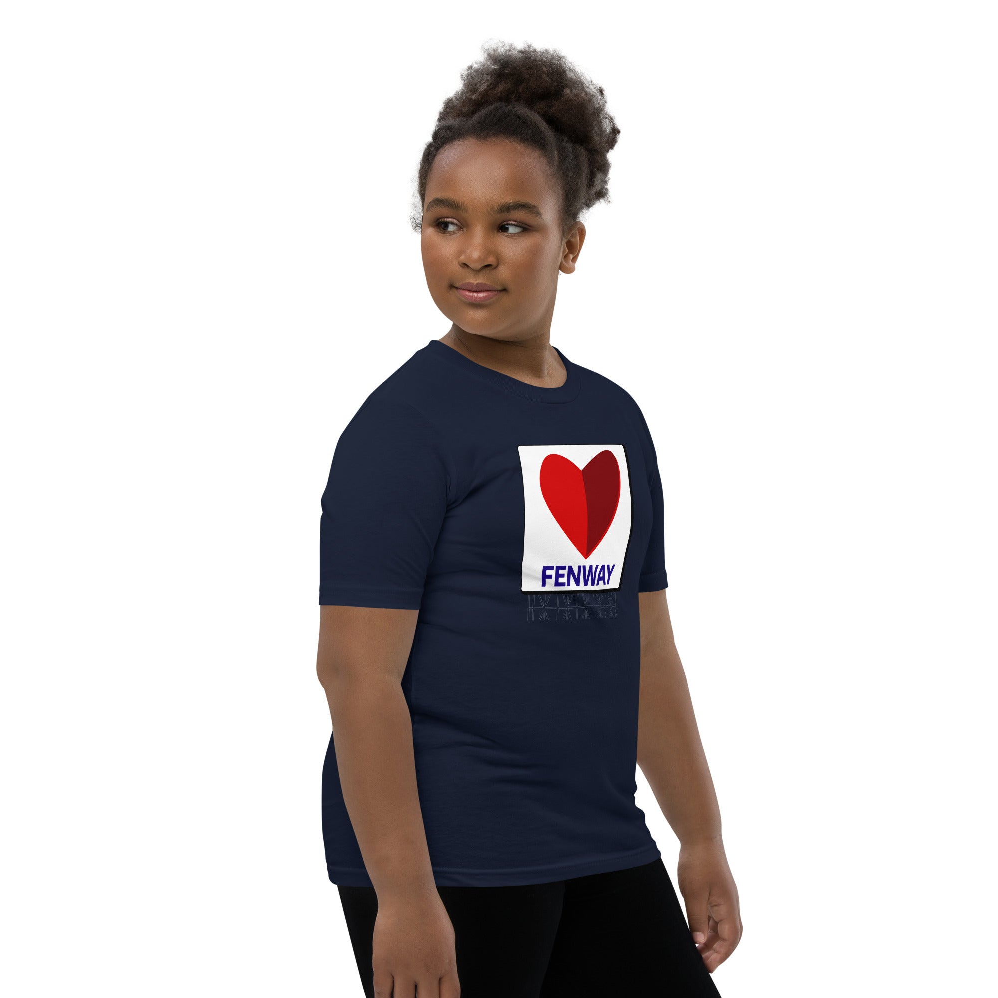 photo of girl wearing a navy blue t-shirt with graphic of the citgo sign boston fenway as a heart
