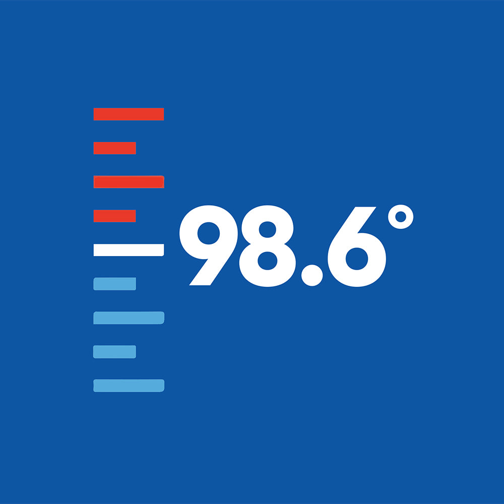 graphic of 98.6 on blue background