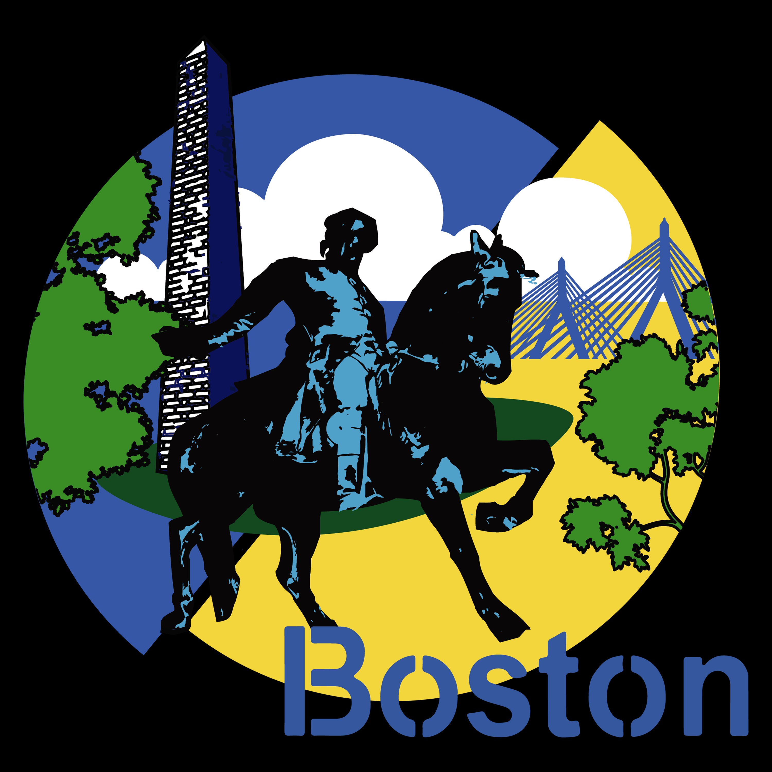 design with paul revere statue, bunker hill monument, zakim bridge boston on black background
