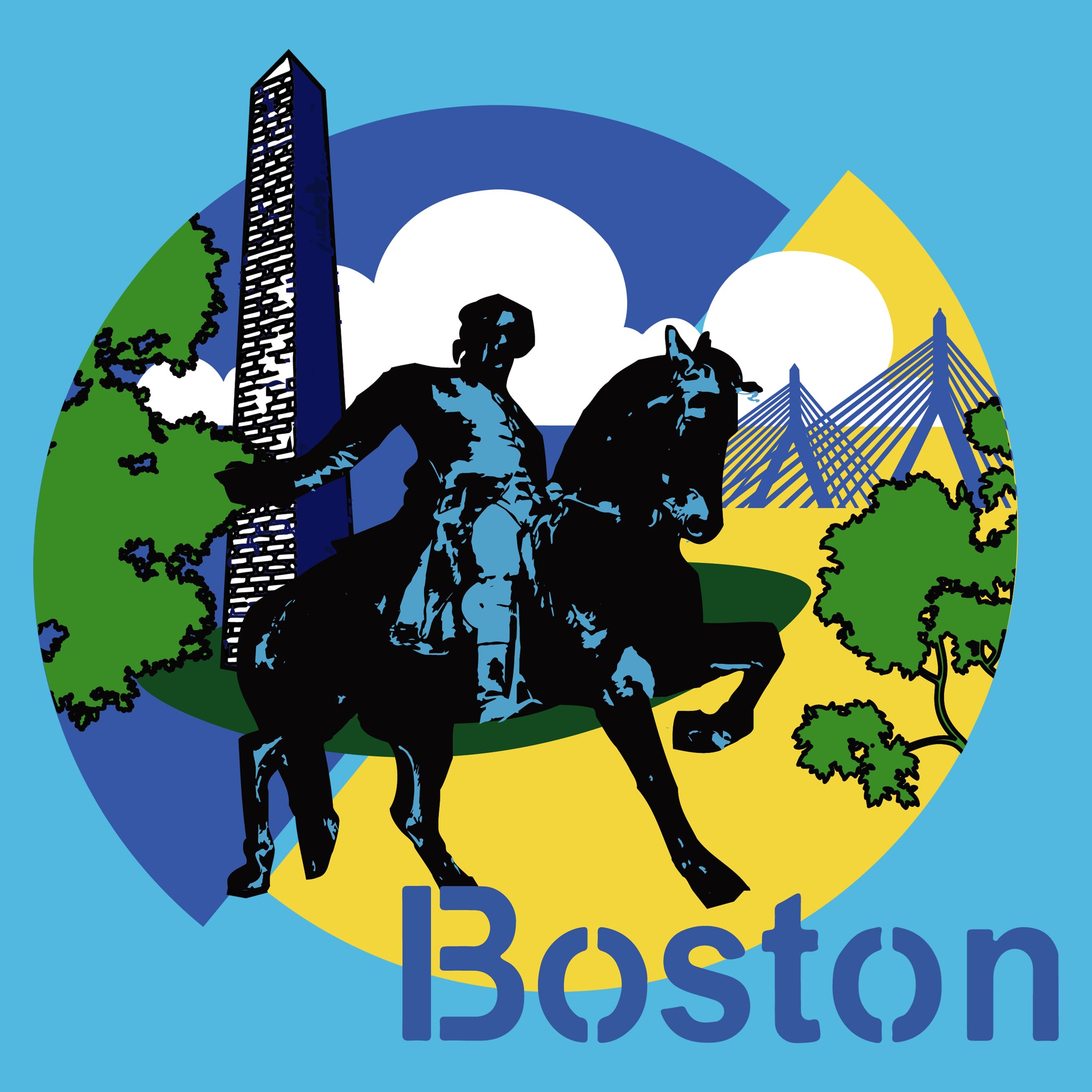 design with paul revere statue, bunker hill monument, zakim bridge boston on blue background
