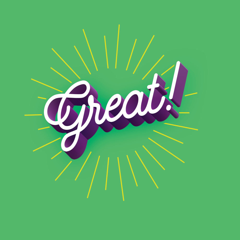 The word great! in cursive on green