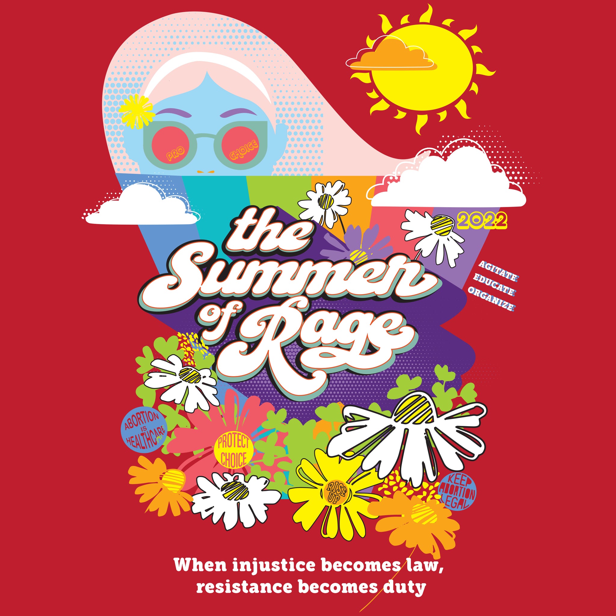 Red background design with abortion rights saying, the summer of rage with flowers and sunshine