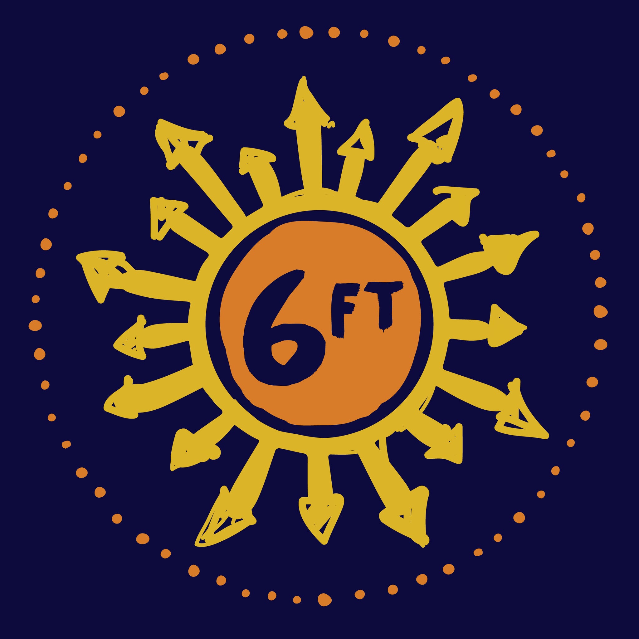 design with a sun made up of 6ft in the center and arrows going out in yellow and orange on navy background