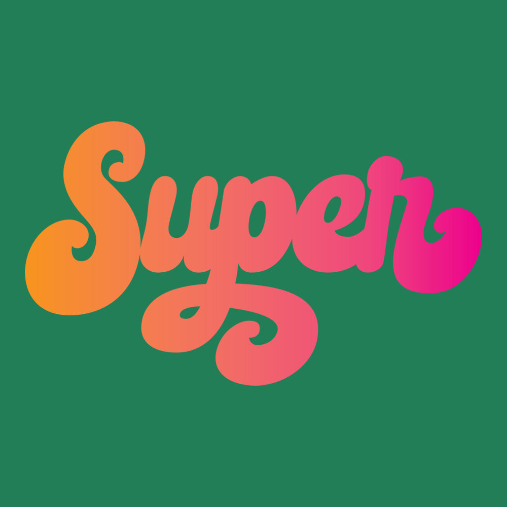 the word Super written in a pink blend cursive lettering on green background