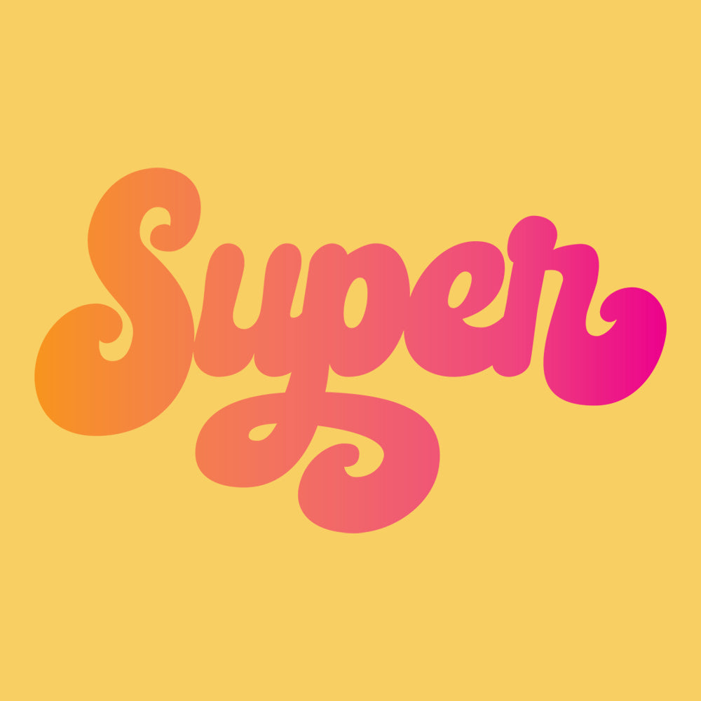the word Super written in a pink blend cursive lettering on yellow background