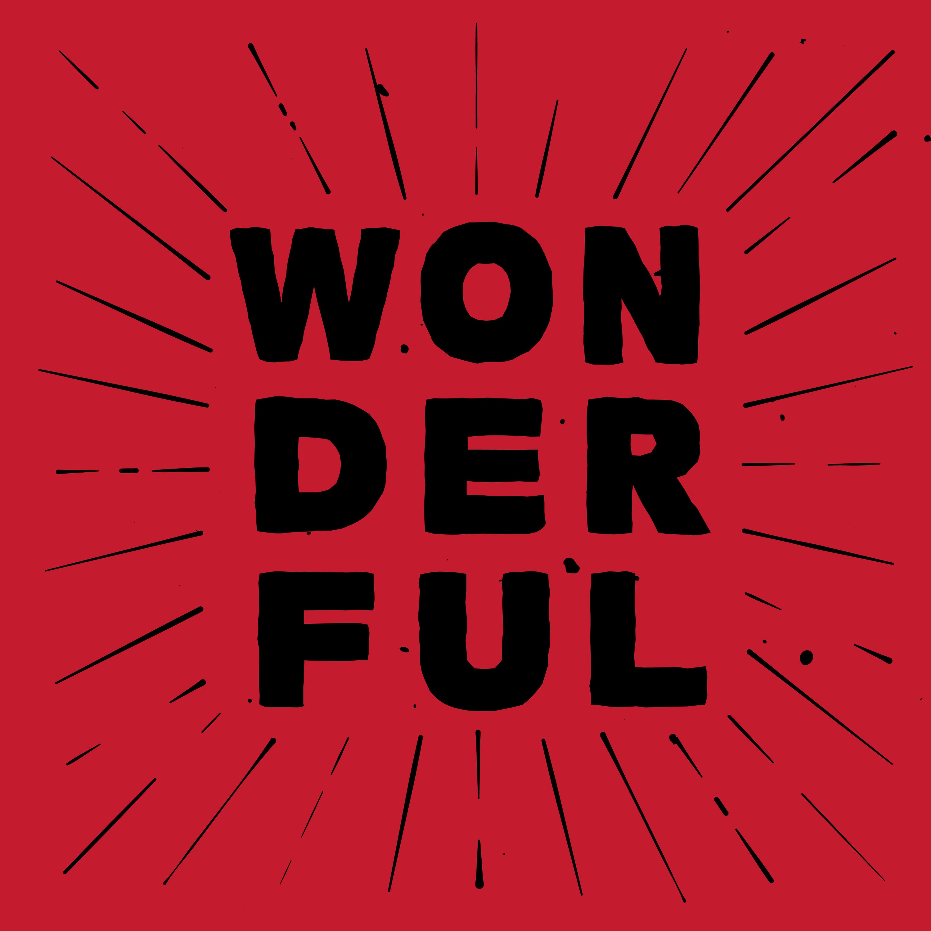 the word wonderful in black text and a sunburst on a red background